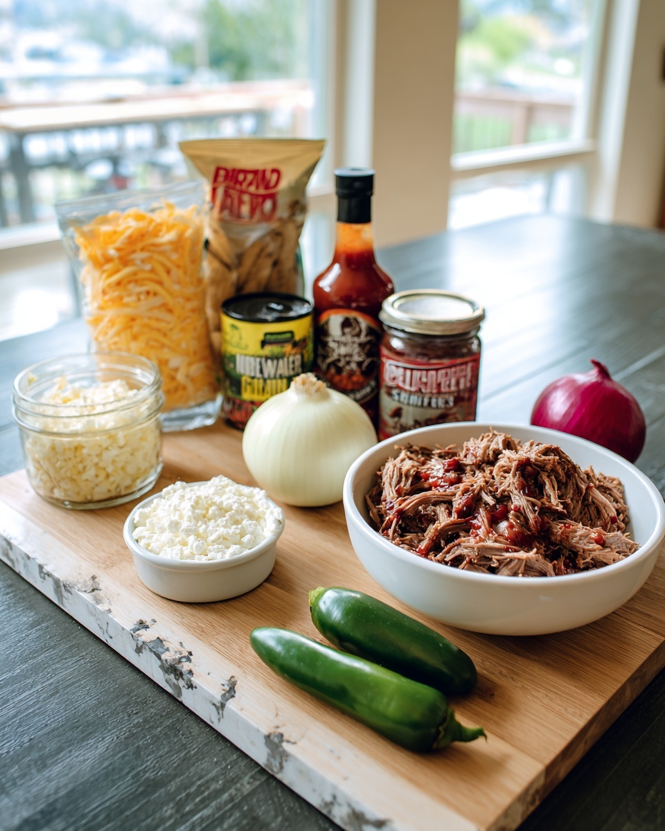 A wooden board sits on a dark table with a white marbled texture beneath, displaying various ingredients: a white bowl filled with shredded meat sits on the right side of the board, two green jalapeño peppers rest beside it, a whole red onion sits near the front, a small container of white queso fresco cheese is in front, next to a can of pineapple chunks, and a can of black beans. A large bag of tortilla triangles stands in the background, with a bag of shredded sharp cheddar cheese next to it on the left. Finally, a bottle of barbecue sauce stands behind the bowl, all set against a bright room with a window and outdoor view in soft focus. Photo taken with an iphone --ar 4:5 --v 7