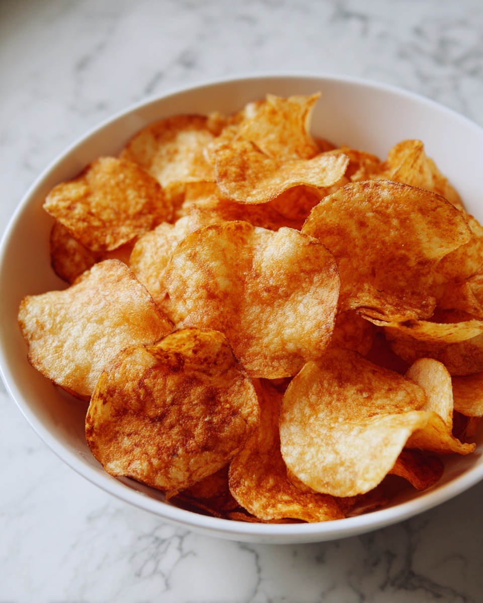 A white bowl filled with many golden-brown potato chips that have a crunchy texture, sitting on a white marbled surface. The chips are irregular in shape, some curled and crisp, showing different shades of golden orange and light brown. The bowl is full but the chips are not stacked too high, filling the bowl evenly. Photo taken with an iphone --ar 4:5 --v 7