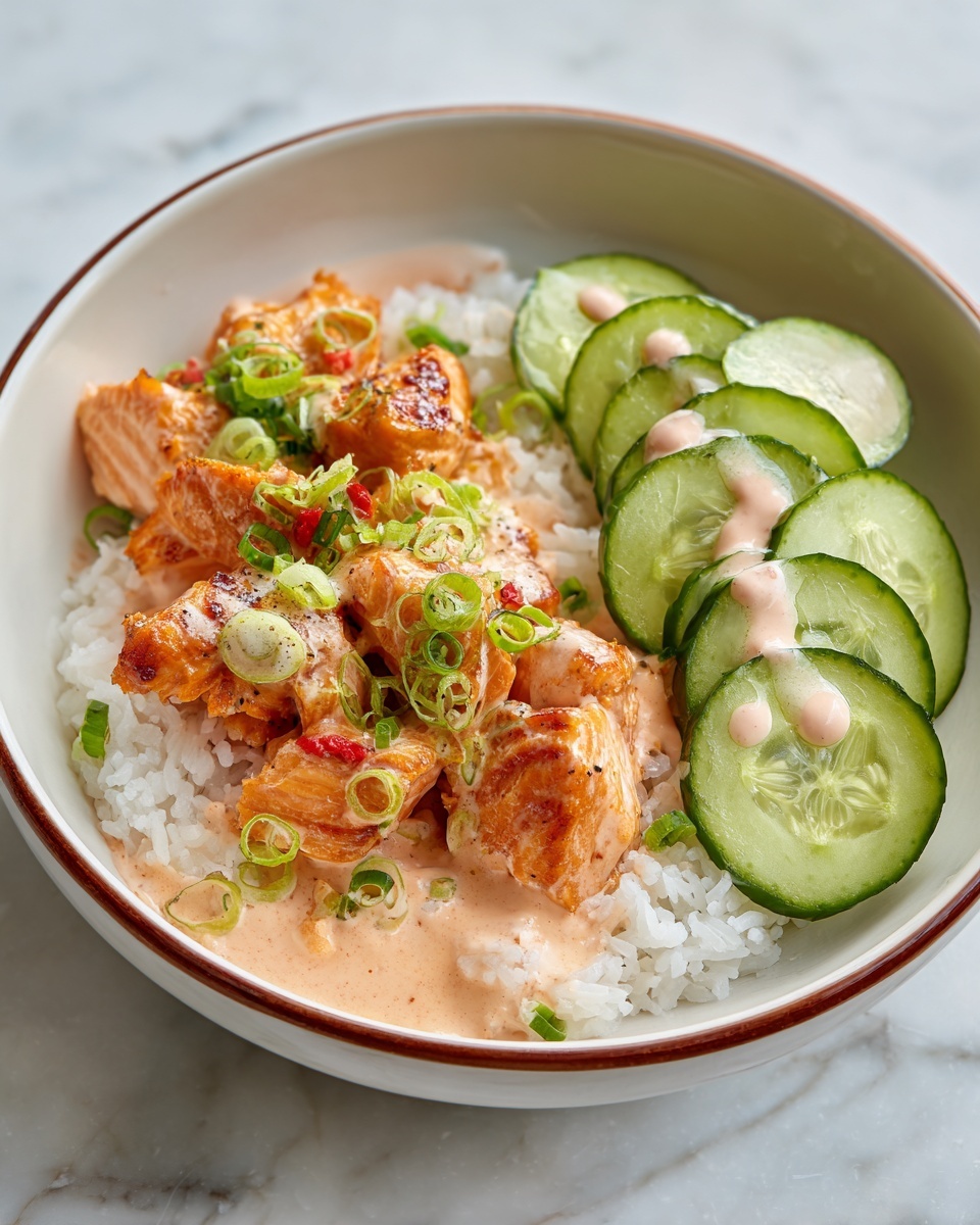 A white round bowl with a brown rim holds a dish with three main layers. The bottom layer is soft, fluffy white rice seen around the edges. On top of the rice, on the left side, there are bright orange-brown cooked chunks of fish with a slightly charred look, covered lightly with a creamy, light pink sauce. The fish is garnished with small green onion slices and tiny pieces of red chili. On the right side of the bowl, there is a neat layer of fresh, thinly sliced green cucumber rounds, some topped with drops of the same light pink sauce. The bowl sits on a white marbled surface. photo taken with an iphone --ar 4:5 --v 7