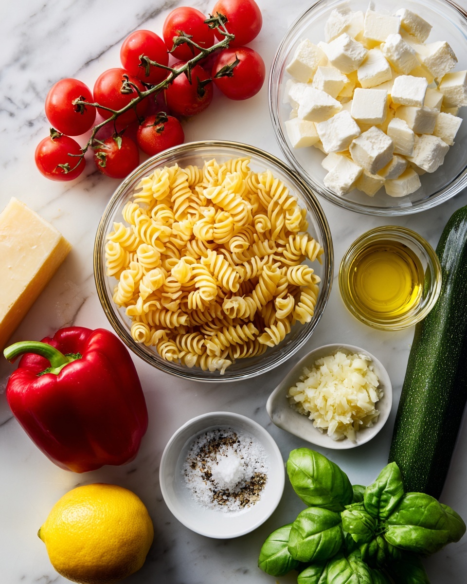 A top-down view of various fresh ingredients arranged neatly on a white marbled surface, including a clear glass bowl filled with uncooked spiral pasta, another glass bowl with small white cheese cubes, a cluster of bright red cherry tomatoes still on the vine, a small dish of minced garlic, and a small white bowl of olive oil. To the side, there are vibrant red mini bell peppers, a dark green zucchini, a pale yellow summer squash, a wedge of hard cheese, a small pile of coarse salt and seasoning in a white bowl, a whole lemon, and two small bunches of fresh green basil leaves. The colors are bright and fresh with clear textures showing the roughness of the cheese, the shiny dryness of pasta, and the smooth glossy skin of vegetables. photo taken with an iphone --ar 4:5 --v 7