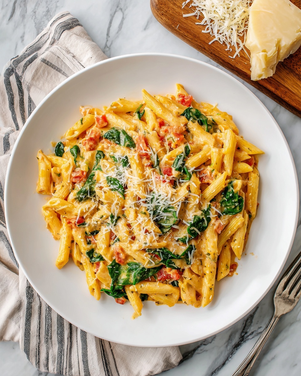 A white plate holds a creamy penne pasta dish with three main layers: the base is al dente penne pasta in pale yellow, the middle layer includes a light orange creamy sauce coating the pasta evenly, and the top layer has fresh green spinach leaves and red tomato pieces scattered throughout. The dish is sprinkled generously with grated white cheese that adds texture on top. The plate is on a white marbled surface with a striped cloth napkin and a silver fork beside it. In the top right corner, there is a wooden board with extra shredded cheese and a piece of cheese. photo taken with an iphone --ar 4:5 --v 7