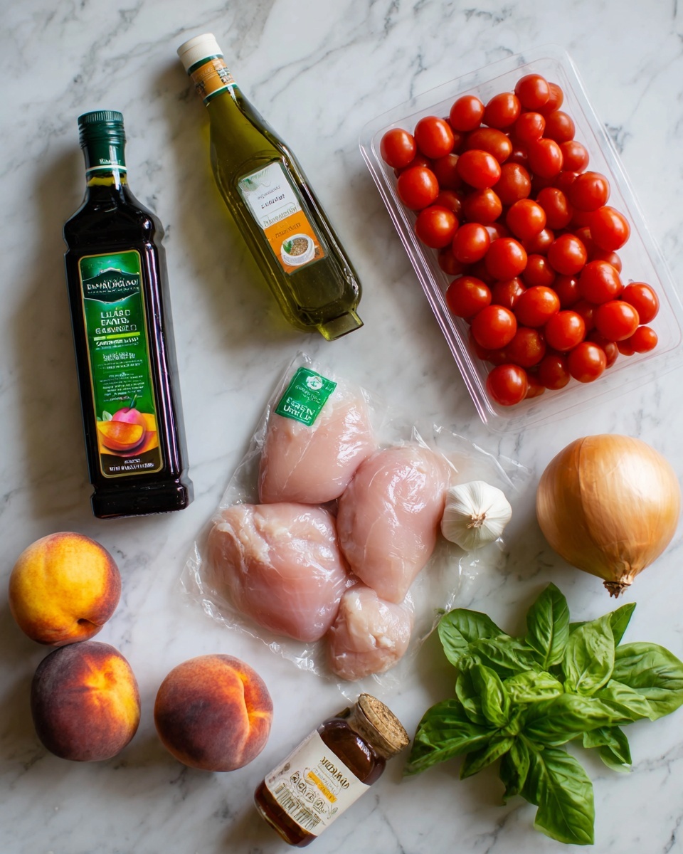 A top view shows a plastic pack of pink chicken tenderloins on the right center with a green label, next to a whole brown onion and a white garlic bulb on a white marbled surface. Above left, a clear plastic box holds many round, bright red cherry tomatoes. To the left, a dark green glass bottle of balsamic vinegar with a green and orange label stands upright, and beside it lays a tall olive oil bottle with a green tint. In the lower left corner, two whole ripe peaches with orange and red skin rest near some fresh green basil leaves. On the right lower side, a large brown honey bottle with a yellow and white label is partly visible. photo taken with an iphone --ar 4:5 --v 7