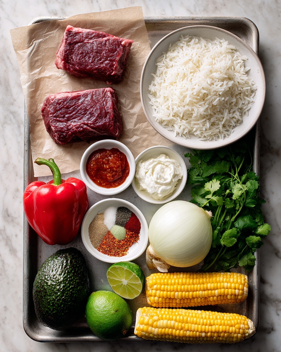 The image shows a metal tray with a white marbled background beneath it, holding different food ingredients. In the top left, two raw brown beef pieces rest on a piece of parchment paper. To the right, a white bowl is filled with fluffy white rice. Below the beef and rice, there are four small white bowls: one with a red sauce, one with white cream, one with a spice mix including red and beige powders, and one empty. Fresh green cilantro leaves are on the right side of the tray. The bottom section has a whole dark green avocado, a large white onion, a bright red bell pepper, two light green limes, a green jalapeño pepper, and two ears of yellow corn stacked next to each other. The scene is simple, colorful, and fresh, photo taken with an iphone --ar 4:5 --v 7