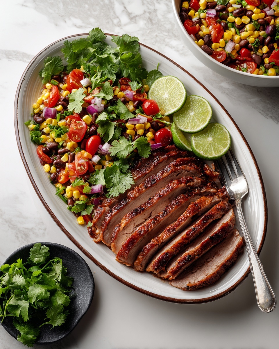 A large white oval plate with a dark center and brown rim holds sliced cooked meat arranged flat and overlapping, forming the bottom layer. On top, there is a colorful mix of diced red tomatoes, yellow corn kernels, black beans, finely chopped red onions, and green herbs scattered evenly. Bright green cilantro leaves are placed on the top and around the plate as garnish. On one side of the plate, several lime wedges with a light green color sit next to the meat. A silver fork with a simple design rests on the right edge of the plate. The whole setting is on a white marbled surface. Nearby, a white bowl contains more of the diced tomato, corn, bean, and herb mix, and a small black dish holds fresh cilantro leaves. Photo taken with an iphone --ar 4:5 --v 7