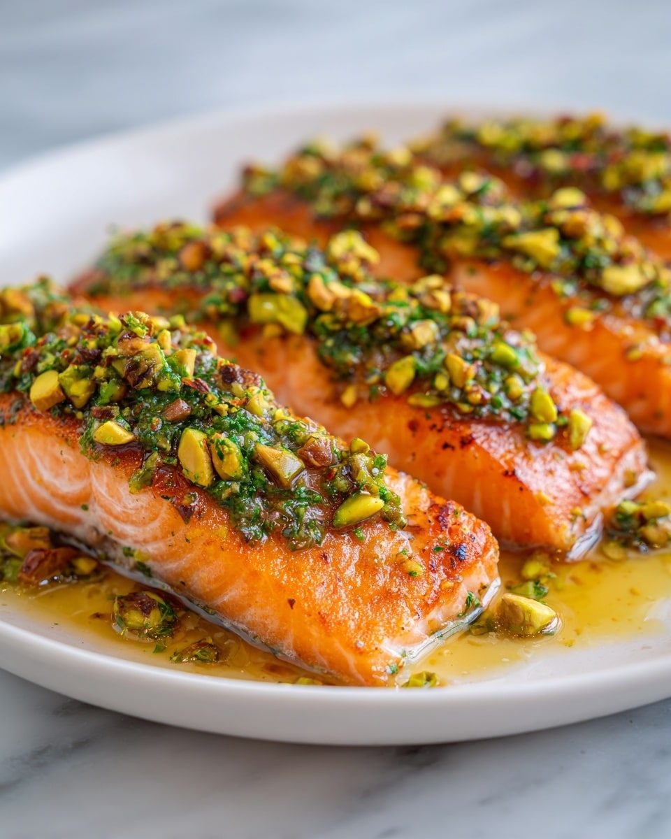 Four salmon fillets with an orange-brown cooked surface are neatly placed side by side on a white plate. Each fillet is topped with a green herb and chopped pistachio nut mixture that adds texture and vibrant green color, contrasting with the rich orange of the salmon. The plate rests on a white marbled surface, and the overall image showcases a close-up view focusing on the freshness and detailed textures of the dish, with some oil glistening gently on the fish. photo taken with an iphone --ar 4:5 --v 7