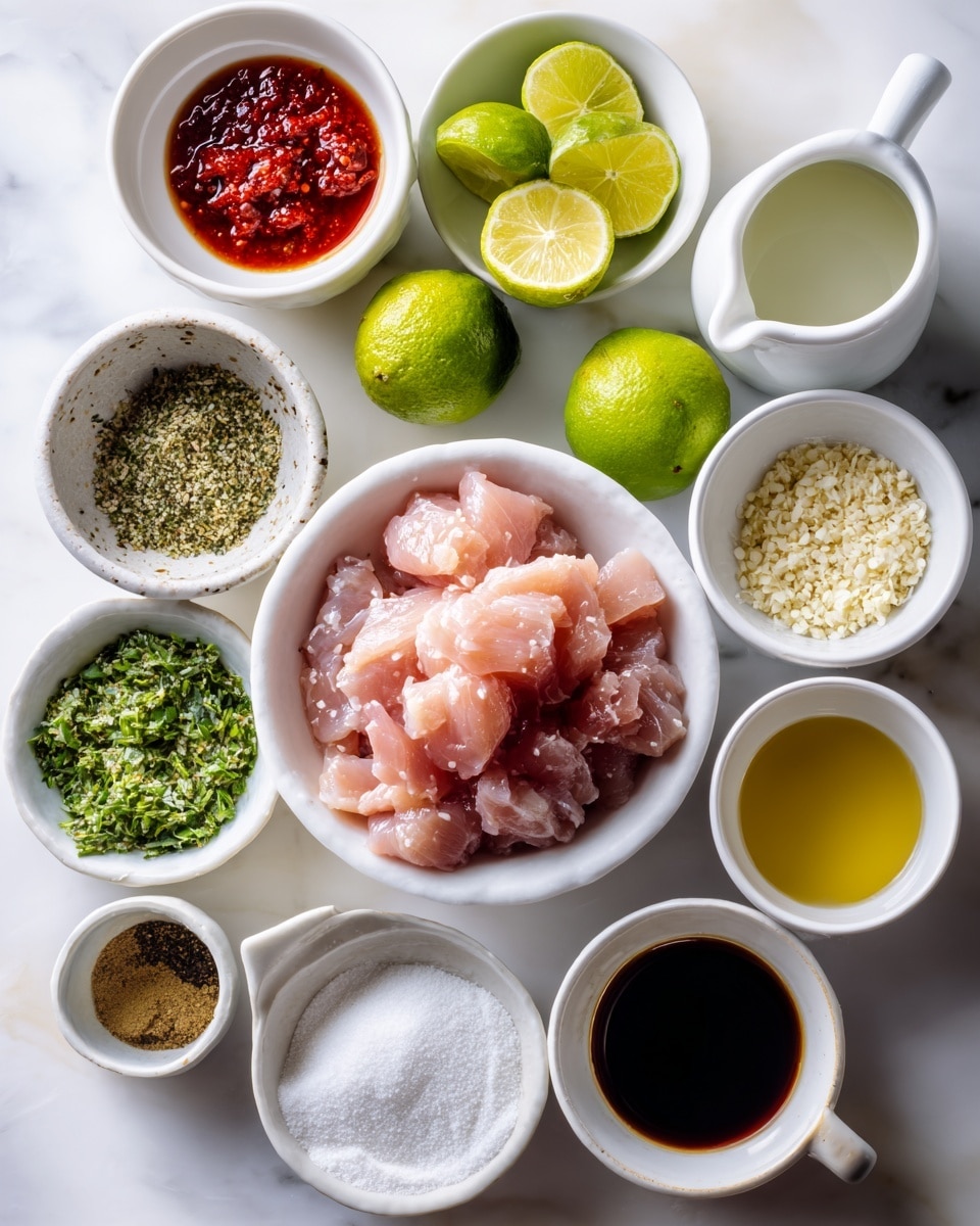 Several small white bowls are arranged on a white marbled surface, each holding different ingredients. In the center, a white bowl contains chunks of raw pink chicken. Surrounding this are bowls with green limes, a bright red sauce, small white sesame seeds, finely chopped green herbs, a light golden liquid, crushed garlic, a dark brown soy-like sauce, white salt and black pepper mix, a pale liquid in a cup, and white powder likely flour. The ingredients show soft, smooth, and coarse textures with fresh and bright colors. Photo taken with an iphone --ar 4:5 --v 7