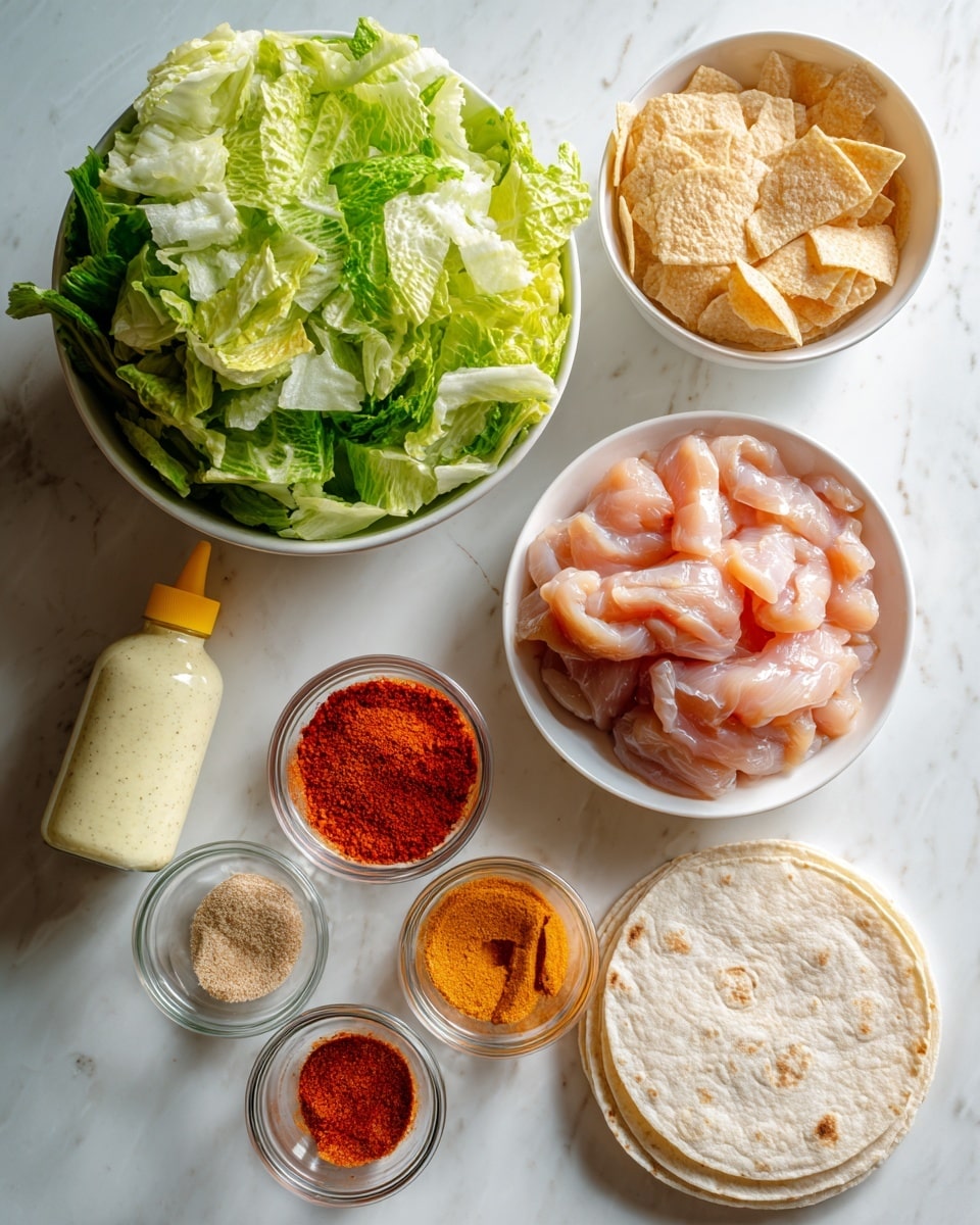 The image shows several ingredients neatly arranged on a white marbled surface. At the top right is a white bowl filled with raw, light pink chicken strips. Below it to the left is a large white bowl with chopped green lettuce of mixed shades, showing fresh, crisp textures. At the top left is a cream-colored bottle of creamy Caesar dressing with a yellow cap. Near the center are three small clear glass bowls, filled with bright orange sauce, red spice powder, and a light brown powder respectively. Below and to the left is a small white bowl holding round, crisp, light brown crackers. On the bottom right, there is a stack of white flour tortillas. The colors are fresh and natural, and the scene looks clean and organized. Photo taken with an iphone --ar 4:5 --v 7