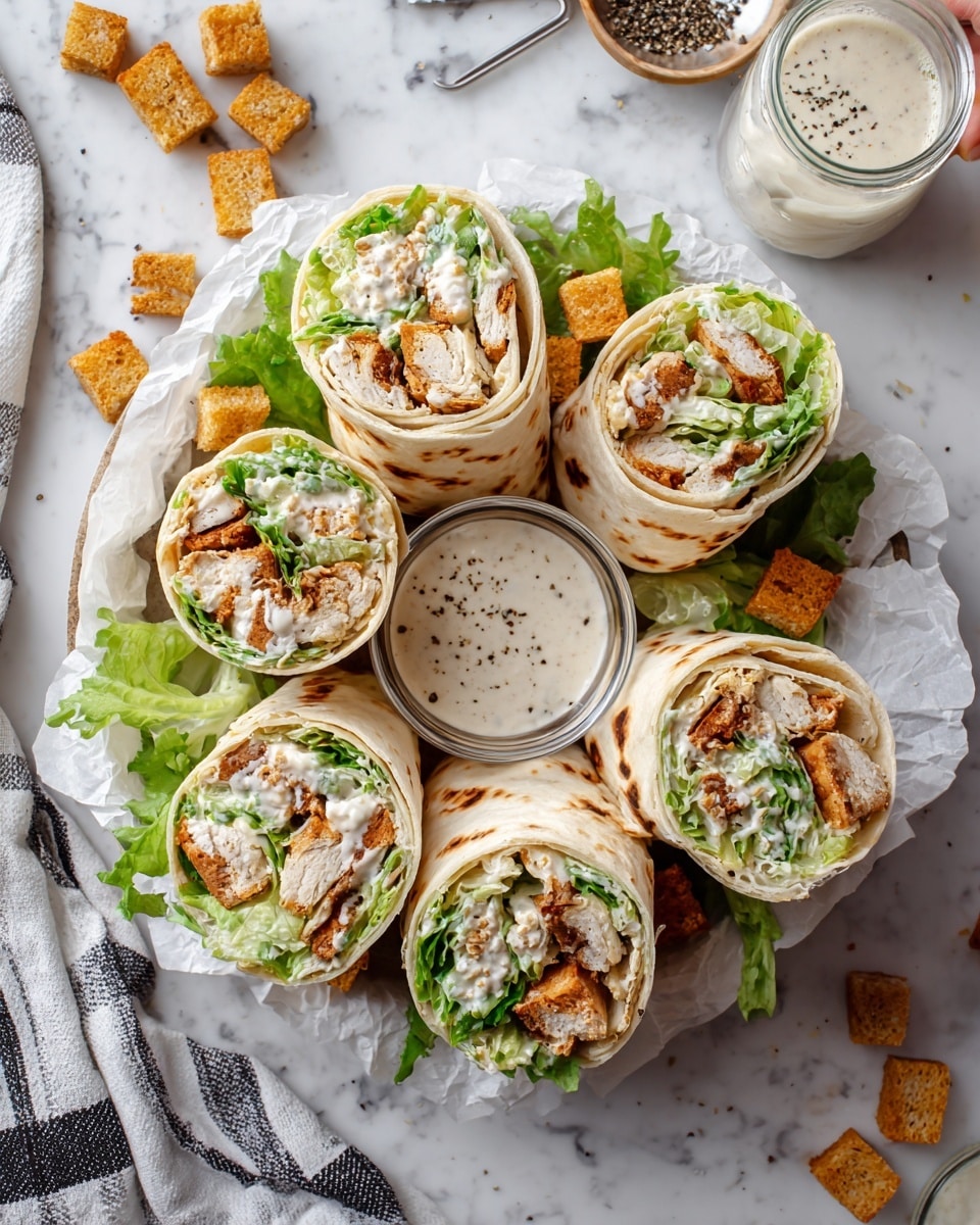 The image shows a white plate filled with six wraps cut in half, arranged neatly on a piece of white parchment paper. Each wrap has a soft off-white tortilla exterior with visible grill spots, and inside the wraps, there are layers of green lettuce, light brown crispy fried pieces, creamy white sauce, and chunks of light cooked filling. Scattered around the plate and beneath the wraps are golden brown square croutons. In the center of the plate is a small glass bowl filled with creamy white sauce with visible black pepper. The plate sits on a white marble background with a woman's hand reaching from the top right holding a wrap. Nearby are a black and white striped cloth, a cheese grater, and a small bowl of ground black pepper. Photo taken with an iphone --ar 4:5 --v 7