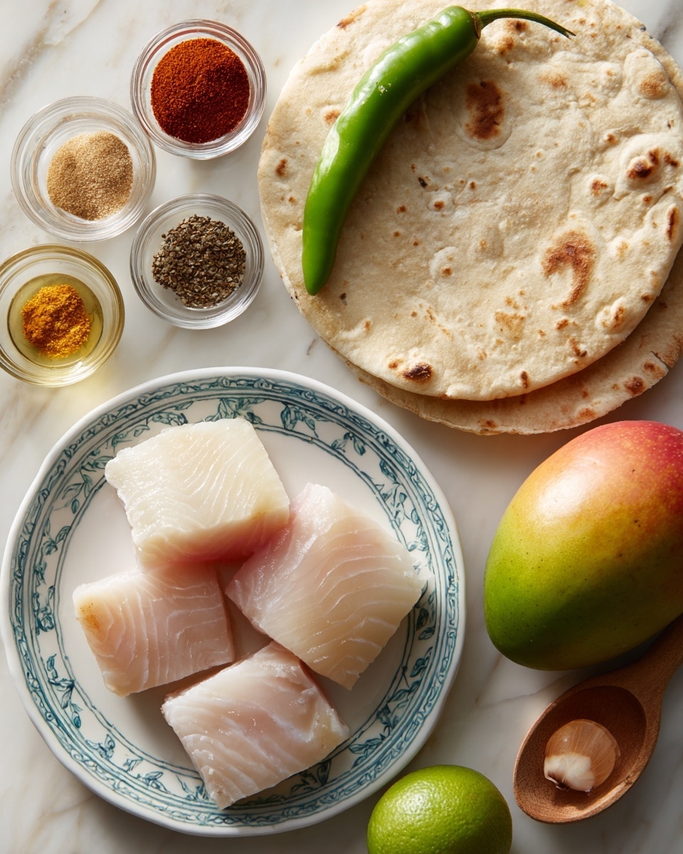 The image shows four pieces of raw fish with a smooth, light pinkish-white color and a soft texture, neatly placed on a white plate with blue rim patterns near the center. Above the plate, there is a round flatbread that is pale beige with slight brown spots and a green chili pepper with a glossy, smooth surface resting diagonally across it. To the right of the flatbread, there is a ripe mango with a gradient of green to reddish color and a bright green lime below it, both sitting on a white marbled surface. Around the plate and flatbread are small clear glass bowls and a wooden spoon containing various spices and cooking ingredients: reddish paprika powder, cracked black pepper, a pale beige dry seasoning, light brown ground spice, and golden olive oil. At the bottom right of the image, there is a small onion with a golden-brown, papery skin. Everything is arranged neatly on a white marbled background. Photo taken with an iphone --ar 4:5 --v 7