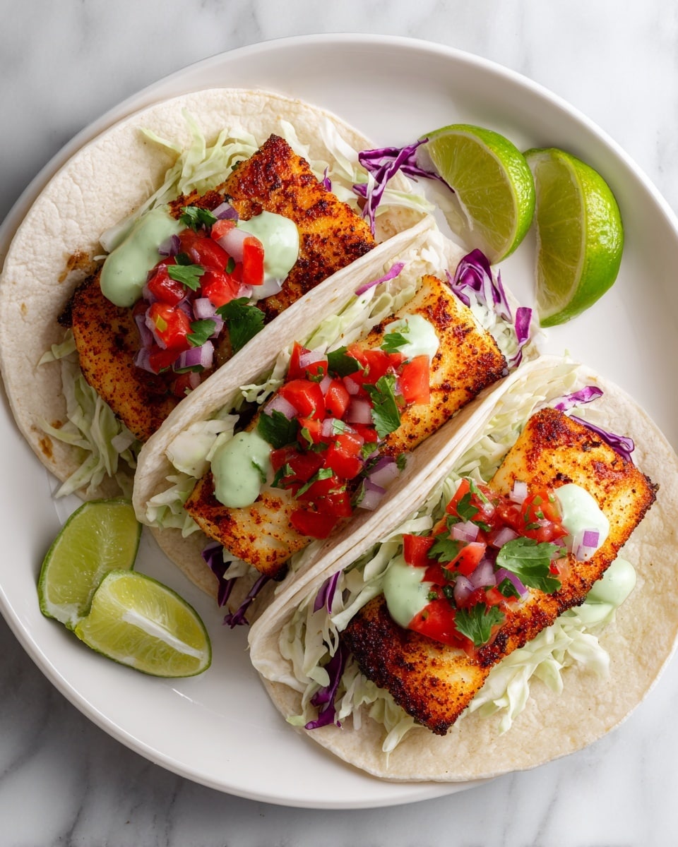 Three soft, small white tortillas are folded and placed side by side on a white plate over a white marbled surface. Inside each tortilla, there is a layer of shredded cabbage at the bottom, followed by two pieces of golden-brown seasoned grilled fish with a slightly charred texture. On top of the fish, there is a colorful mix of diced red tomatoes, red onions, and green cilantro, with a dollop of creamy green sauce adding a smooth texture. Lime wedges are placed around the plate, adding bright green pops of color. Photo taken with an iphone --ar 4:5 --v 7