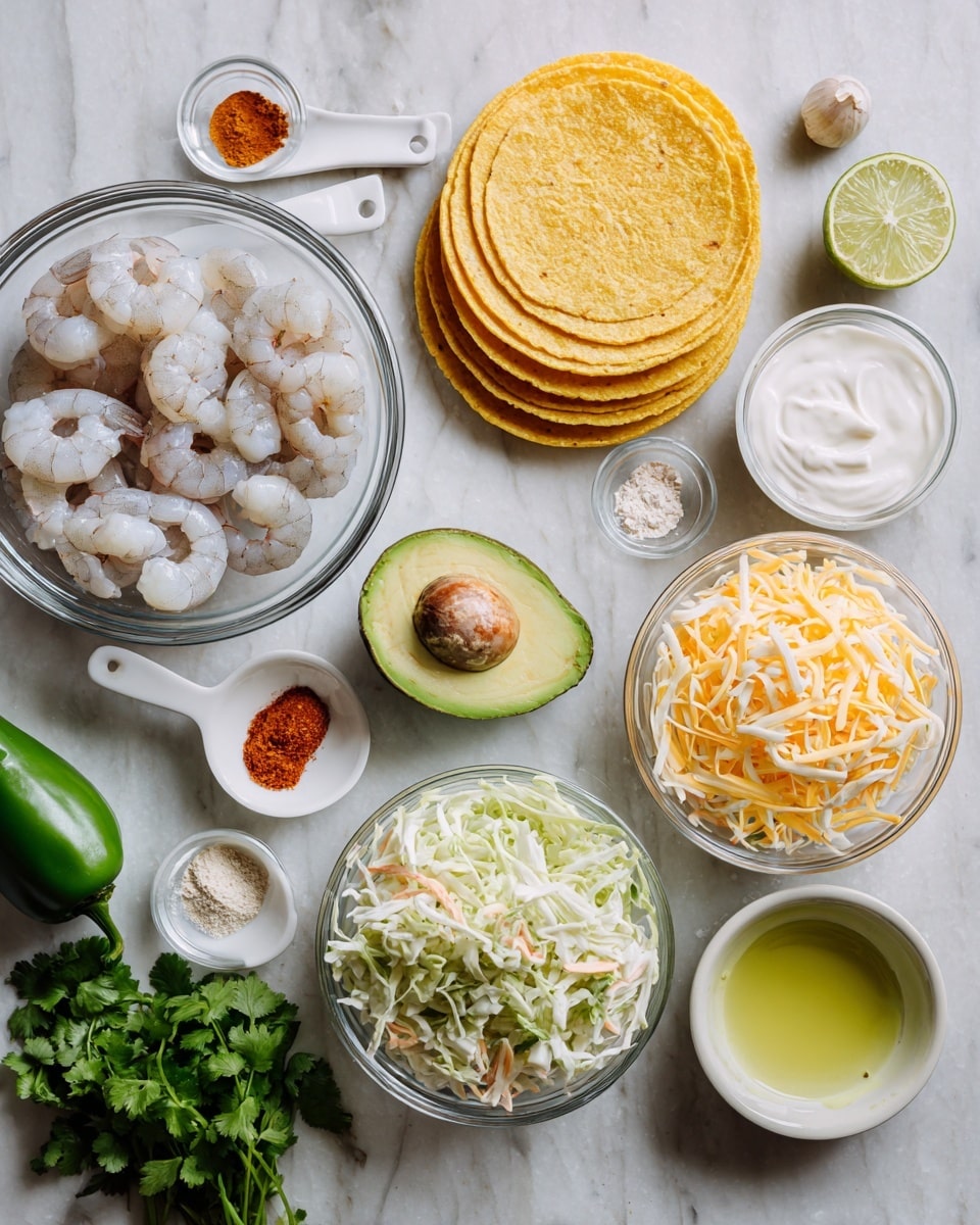 A flat lay of cooking ingredients arranged neatly on a white marbled texture background, including a clear glass bowl full of raw peeled shrimp in the center; to the right, six yellow corn tortillas stacked neatly; above the shrimp, a whole garlic bulb; below the tortillas, a clear bowl of mixed coleslaw with shredded cabbage and carrots; to the right, one green poblano pepper; below the shrimp, a half avocado showing the seed in the center, with a small dish of light green oil and a lime wedge beside it; to the left of the avocado, a small clear bowl of white sour cream; above that, a small plate with light yellow shredded cheese and a white spoon; a white dish with light yellow oil sits above and to the left of the shrimp; three white measuring spoons filled with chili powder, paprika, and a light yellow powder are lined up below the avocado; fresh green cilantro leaves fill the bottom left corner of the image. Photo taken with an iphone --ar 4:5 --v 7