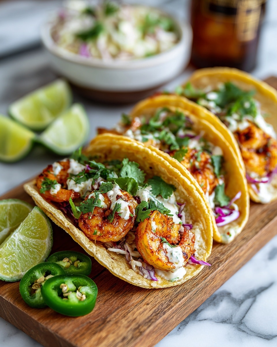 The image shows a wooden board with three stacked soft yellow corn tacos filled with grilled shrimp that are orange-brown with grill marks. Each taco includes a white creamy-looking sauce mixed with small bits of red and purple cabbage, adding splashes of color. The tacos are garnished with bright green cilantro leaves scattered on top. On the left side of the board, there are three lime wedges and two green sliced jalapeños adding freshness. In the blurred background, there is a white bowl with coleslaw and a brown glass bottle on a white marbled surface. Photo taken with an iphone --ar 4:5 --v 7