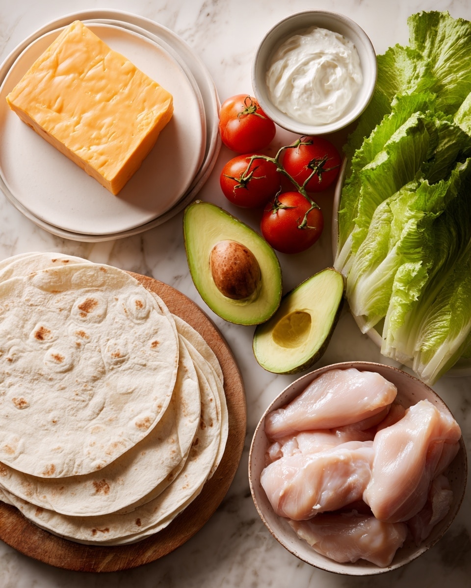 The image shows several food items arranged on a white marbled surface. On the left side, there is a stack of white flour tortillas placed on a round wooden board. Above the tortillas, a white plate holds a rectangular block of bright orange cheese. Next to it, a small white bowl contains white sour cream. In the middle, three red tomatoes with green stems are placed close together. On the right side, two halves of an avocado, one with the brown seed still inside, show a pale green interior with a creamy texture. Dark green leafy lettuce fills the top right corner with a fresh, slightly wrinkled look. At the bottom right, two raw, pale pink chicken pieces rest in a shallow white bowl. The photo was taken with an iphone --ar 4:5 --v 7
