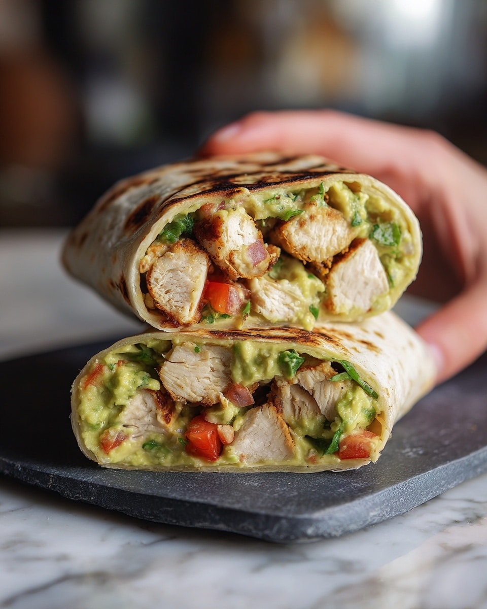 The image shows two halves of a wrap stacked on a white marbled surface, with a woman's hand holding the top half. The wrap is lightly toasted with brown spots on the thin outer tortilla layer. Inside, there are visible chunks of grilled chicken with a light golden crust, bright green guacamole spread with a creamy texture, diced red tomatoes, and some fresh green herbs mixed in. The wrap is cut cleanly in half, highlighting the colorful and fresh ingredients inside. The background is softly blurred, focusing on the wrap on a dark slate plate placed on a white marbled surface photo taken with an iphone --ar 4:5 --v 7