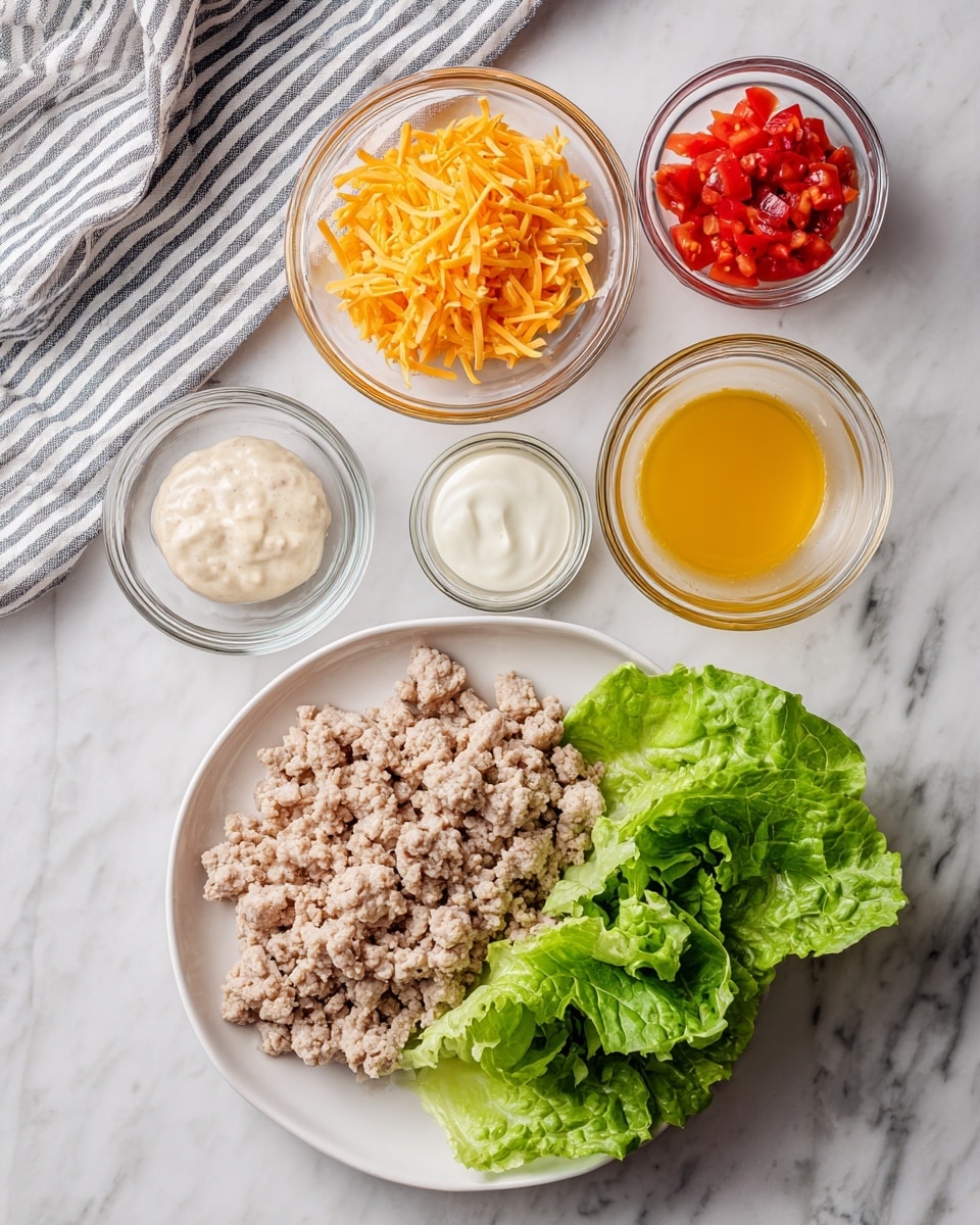 The image shows a white plate with a pile of light beige ground meat placed in the center. Surrounding the plate on a white marbled surface are five small clear glass bowls. One bowl holds shredded bright orange cheese, another has small chopped red tomato pieces, the third bowl contains a creamy white sauce, the fourth holds a light yellow oil, and the fifth has a bright orange sauce. Fresh green romaine lettuce leaves are placed on the white marbled surface around the bowls and plate. A striped cloth is partially visible at the top edge of the image. photo taken with an iphone --ar 4:5 --v 7