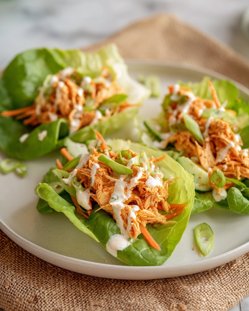 The dish shows three fresh lettuce leaves arranged on a white plate, each leaf holding a small pile of shredded orange chicken mixed with thin carrot and cucumber strips. Thin green onion pieces are sprinkled over the top, with white creamy dressing drizzled in small lines on the chicken and vegetables. The plate sits on a burlap cloth background with a white marbled surface nearby. The colors are bright with green, orange, and creamy white standing out. Photo taken with an iphone --ar 4:5 --v 7