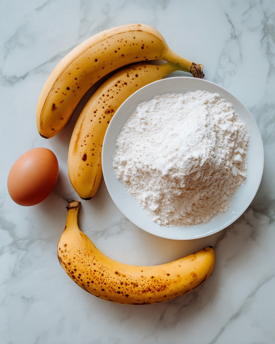 The image shows two whole brown eggs on the left, with two yellow bananas with brown spots on the right, all placed on a white marbled surface. Below them, there is a white plate filled with a mound of white flour. The colors are natural and the items are spaced apart, showing simple baking ingredients. Photo taken with an iphone --ar 4:5 --v 7