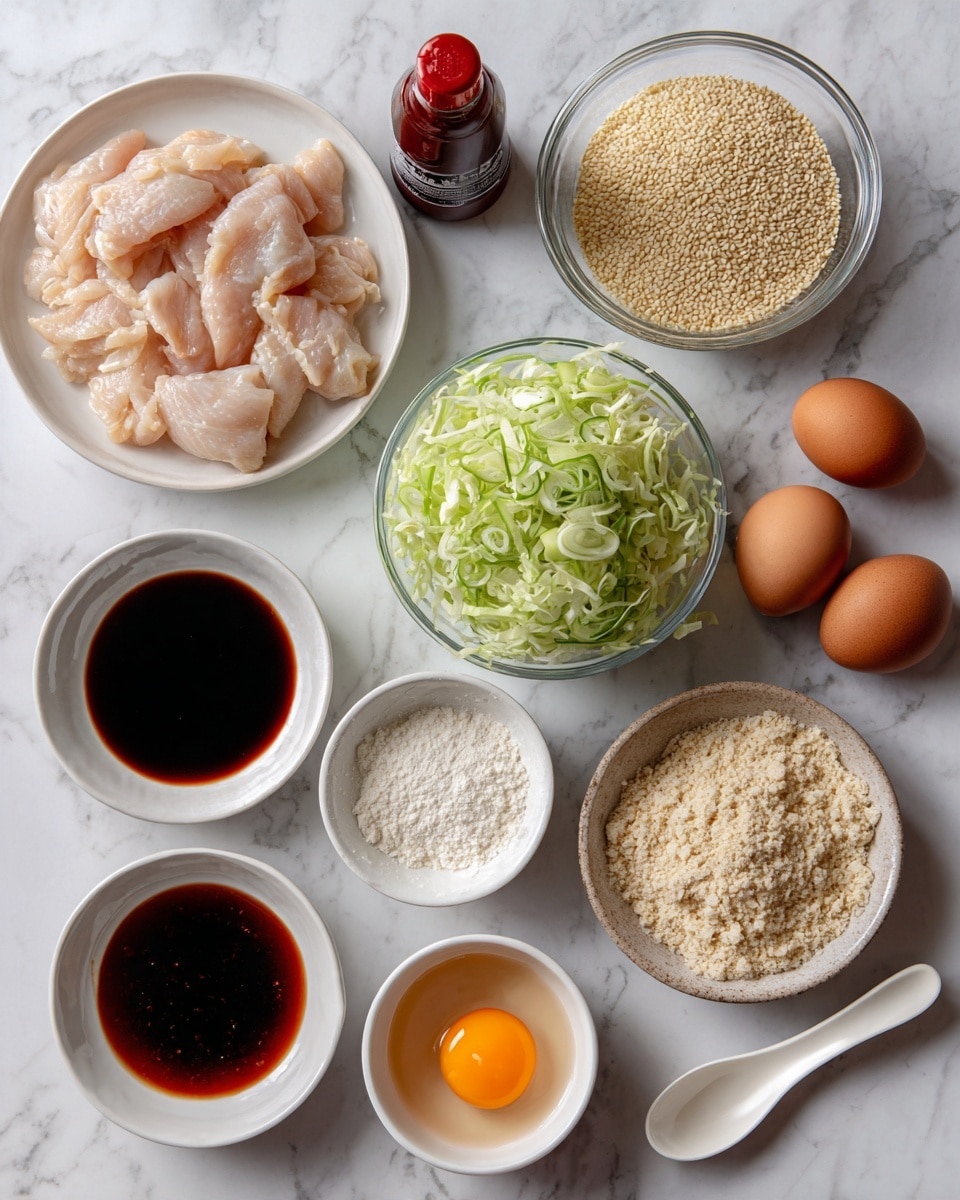 The image shows various ingredients arranged neatly on a white marbled surface. In the top left corner, there is a white plate holding slices of raw pale pink chicken. Next to it is a dark red bottle of sauce. To the right of that, a clear glass bowl holds pale yellow sesame seeds, and beside it is a taller clear glass bowl filled with chopped green onions and shredded pale green cabbage. Below the chicken, there are three small white bowls: one with fine white flour, one with light brown breadcrumbs, and one with a single cracked raw egg with a bright orange yolk. Below those, there are two more small white bowls, one with dark soy sauce and the other with a reddish-brown sauce. To the right, near two whole brown eggs and a white spoon, there is another small white bowl with a light beige powder. The arrangement is simple and balanced. Photo taken with an iphone --ar 4:5 --v 7