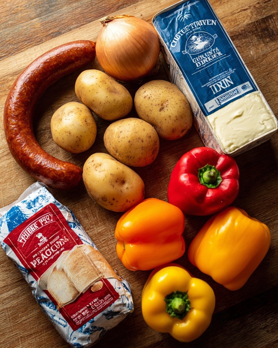 The image shows several cooking ingredients laid out on a wooden surface. There are seven medium-sized potatoes in the middle, with an onion on the top right and a carton of chicken broth near it. A bunch of small bell peppers in red, yellow, and orange shades are placed below the onion and broth. A ring-shaped smoked sausage lies at the bottom left, near a block of butter wrapped in blue and white paper and a red carton of heavy whipping cream. The colors range from light brown in the potatoes and onion to bright red and yellow in the peppers and darker brown in the sausage. The surface is wooden and smooth, and all items are positioned to clearly show their shapes and colors. photo taken with an iphone --ar 4:5 --v 7
