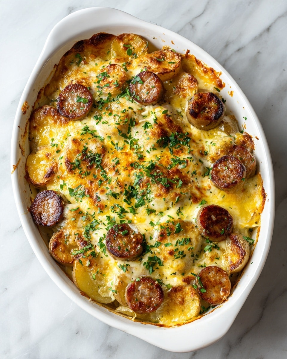A white oval dish filled with roasted golden brown potatoes as the base layer, topped with round slices of browned sausage scattered evenly. The entire dish is covered with melted yellow and white cheese that stretches and bubbles, blending smoothly over the potatoes and sausage. Green herbs are sprinkled lightly on top, adding small bright green spots for contrast. The dish sits on a white marbled surface. photo taken with an iphone --ar 4:5 --v 7