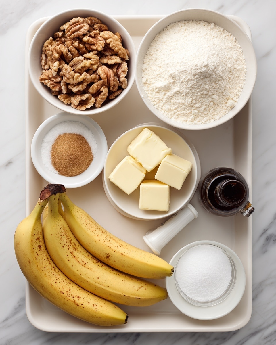 A white tray holds an arrangement of ingredients on a white marbled surface. There is a white bowl filled with flour on the top right and a white bowl below it with white sugar. Next to these, a small white bowl contains light brown sugar. On the left side, a white bowl is full of walnuts, and below it, a small white bowl has three cubes of pale yellow butter. In front, a small white dish holds a mixture of baking soda and cinnamon. There are two brown eggs placed near the center bottom, next to two ripe bananas with many brown spots on their yellow skin. A small white container of sour cream and a dark glass bottle of vanilla extract are also present near the center of the tray. All ingredients are carefully spaced, showing their colors and textures clearly. Photo taken with an iphone --ar 4:5 --v 7