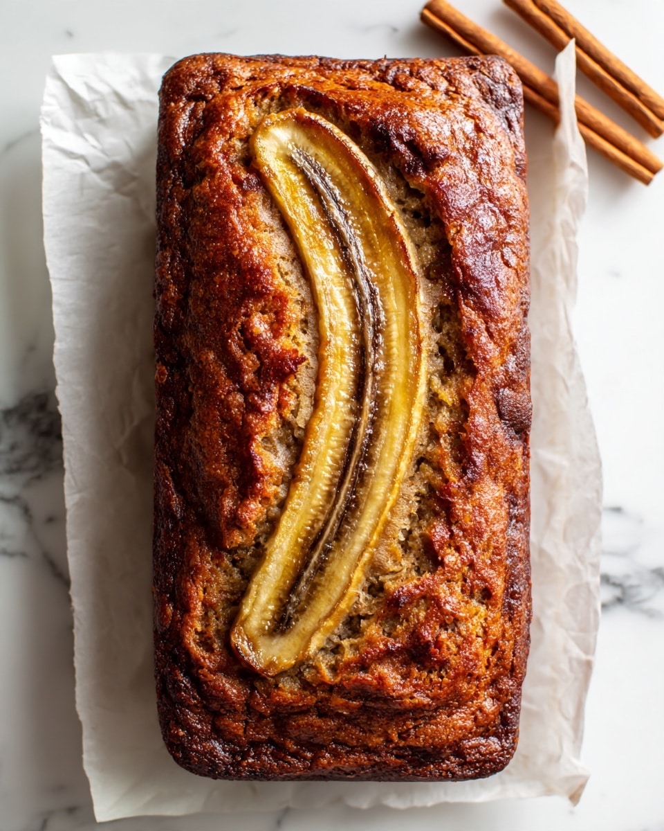 A rectangular banana bread loaf with a golden-brown crust shows a slightly uneven texture on the top. In the middle, a row of baked banana slices creates a distinct layer that is caramelized and glossy, running down the length of the bread. The edges of the bread rise up thicker and have a rough, slightly cracked surface with darker spots where the bread is caramelized or has bits of chocolate or nuts. The loaf sits on white parchment paper placed on a white marbled surface, with two brown cinnamon sticks lying nearby. Photo taken with an iphone --ar 4:5 --v 7