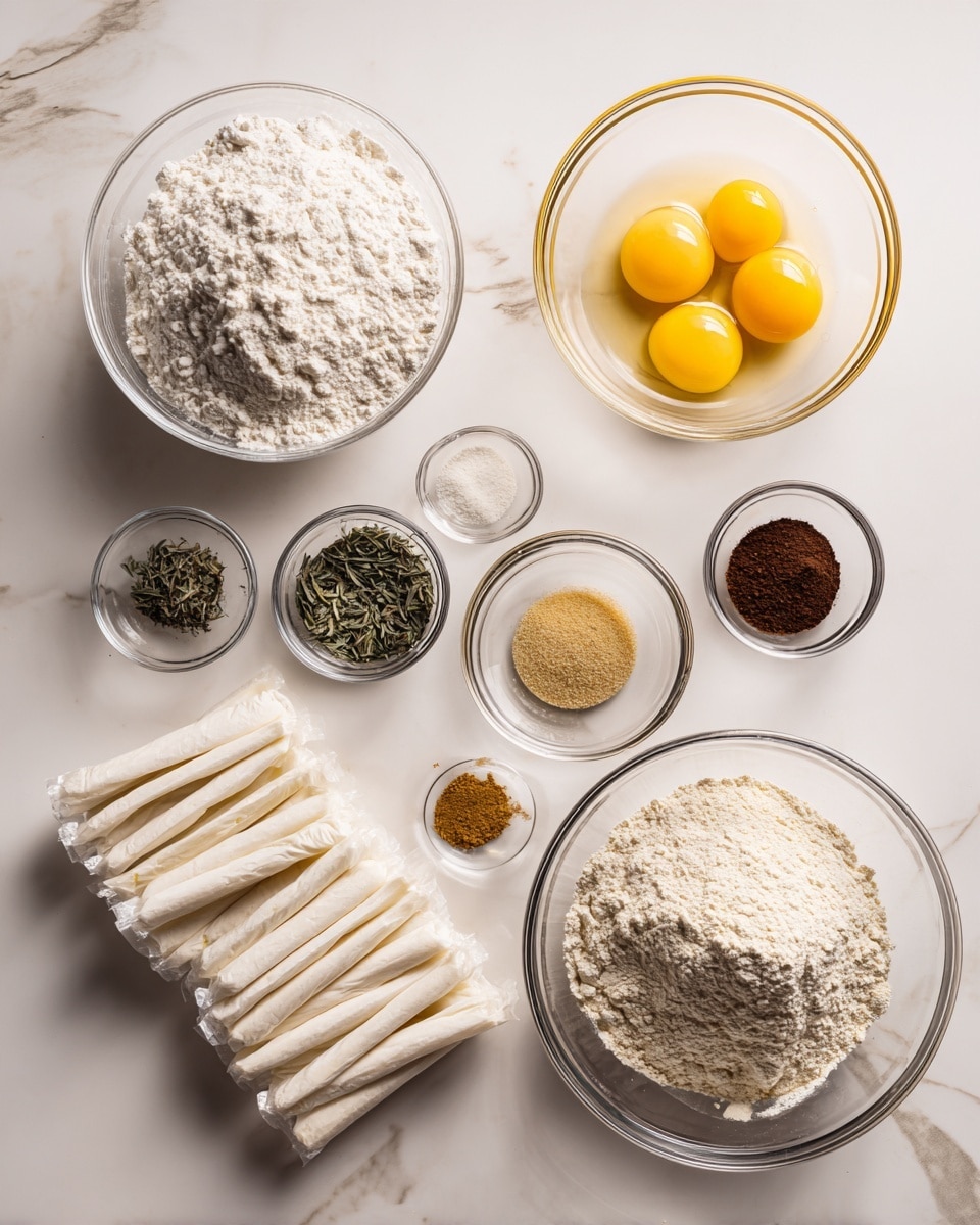 The image shows ingredients arranged neatly on a white marbled surface. There is a large clear glass bowl at the bottom right filled with a fine, light-colored powder. To its left, there are eight individually wrapped white cheese sticks placed in a slight pile. Above the cheese sticks, a medium clear glass bowl contains three raw yellow egg yolks. Beside this bowl, there is a small clear glass bowl with dried herbs that are dark green and finely chopped. Above the herb bowl, a large clear glass bowl holds white flour. Next to the flour are three small clear glass bowls arranged vertically, each holding a different fine powder: light brown, very light yellow, and dark brown spices. The whole scene is clean and well-organized, with the ingredients looking fresh and ready for cooking, photo taken with an iphone --ar 4:5 --v 7