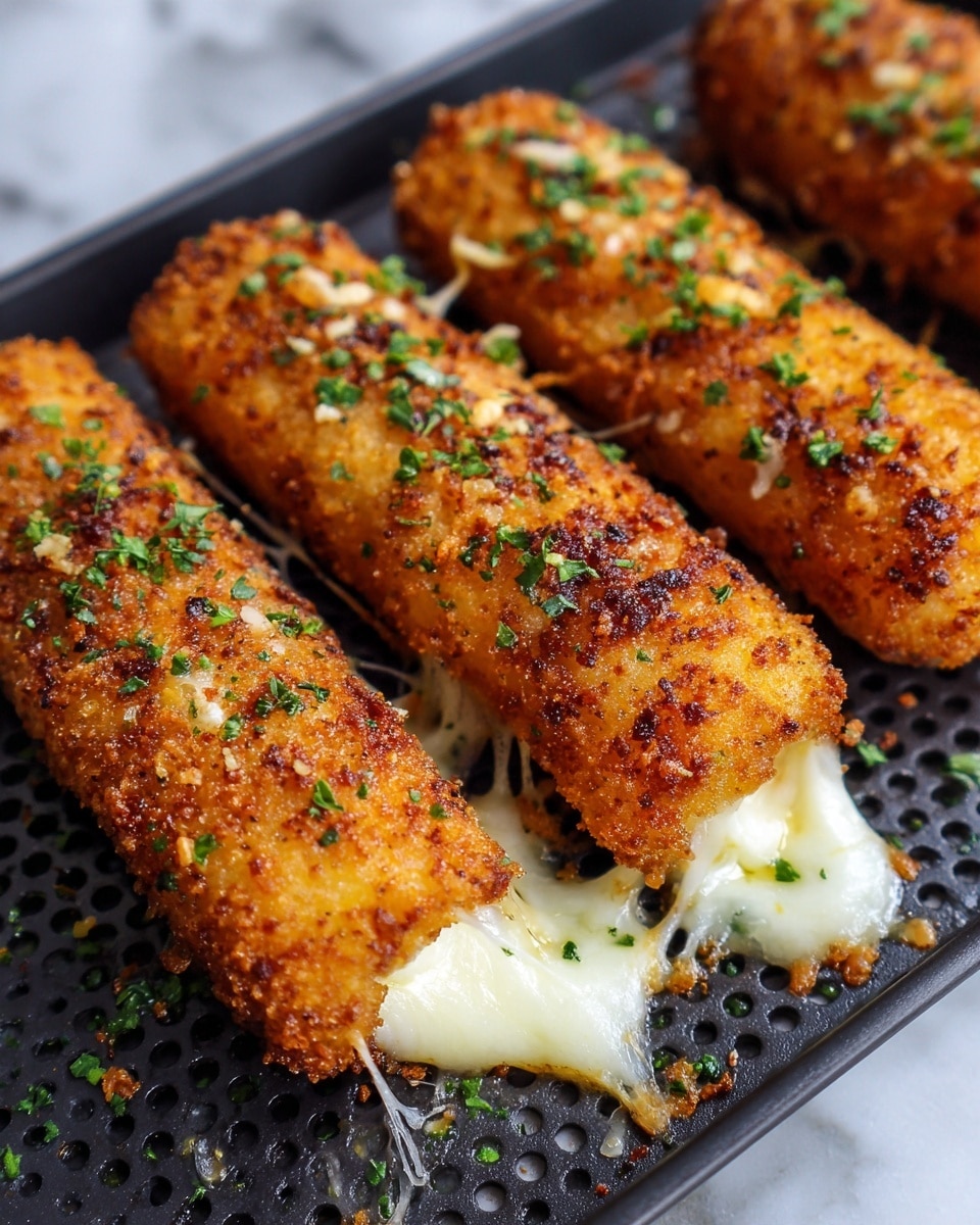 Three golden brown mozzarella sticks are placed horizontally on a black perforated tray with small green herb bits sprinkled on top. The coating looks crunchy with some darker toasted spots, and melted white cheese oozes out from the ends of each stick. The background is a white marbled texture. photo taken with an iphone --ar 4:5 --v 7