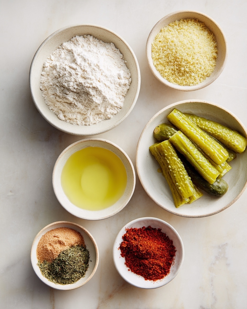 The image shows six small white bowls arranged on a white marbled surface. The top left bowl holds a stack of white flour. To the right, a bowl is filled with light golden breadcrumbs. Below these, a bowl contains several bright green pickle slices with visible ridges. Next to the pickles is a bowl with a yellowish liquid, likely oil. Below the pickles and oil, three small bowls are placed, each holding different powders: a light brown spice, a dark green dried herb, and a bright red spice. The overall color palette is soft whites, yellows, and greens with pops of red and brown. Photo taken with an iphone --ar 4:5 --v 7