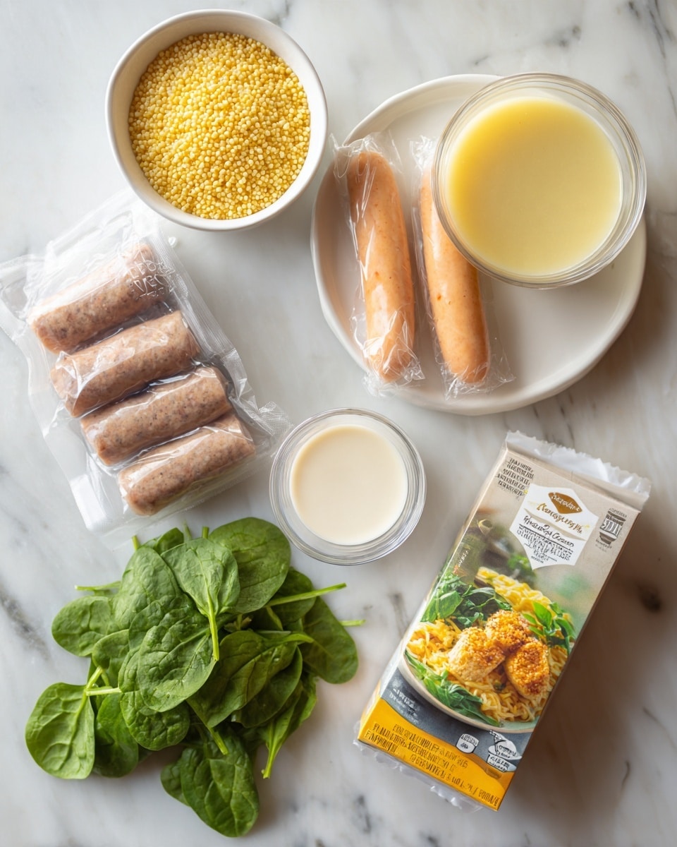 The image shows ingredients on a white marbled surface. There is a white bowl filled with small yellow grains of rice in the top left. Next to it on the right is a clear container with light yellow broth. Below the broth is a package of chicken sausage with a pale orange color and seated in white wrapping. To the left of the sausage is a package of sliced brown smoked sausage in a clear container. Below all these, there is a small white bowl with a creamy white liquid. To the left of this bowl is a pile of fresh dark green spinach leaves. Finally, on the bottom right, there is a box with an image of cooked chicken sausage, rice, and spinach on the front, with yellow and dark green colors. photo taken with an iphone --ar 4:5 --v 7