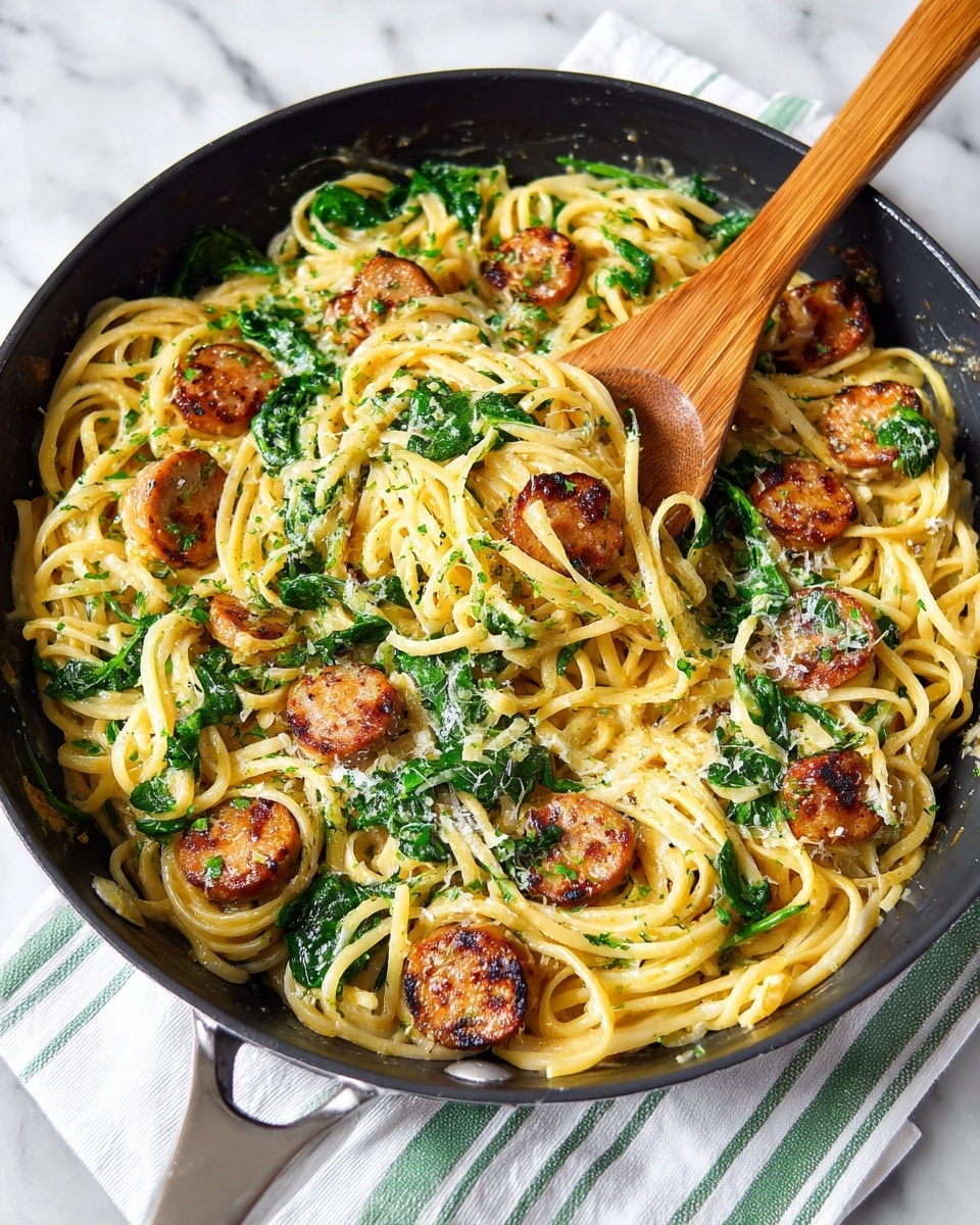 The image shows a black pan filled with creamy pasta mixed with browned sausage slices and bright green spinach leaves. The pasta is light yellow with a smooth texture, evenly coated in sauce, while the sausage pieces have a golden-brown grilled look. The spinach adds fresh green color scattered through the dish. A wooden spoon is lifting some of the mixture from the pan, resting on the side. The pan is set on a white marbled surface with a white cloth that has green stripes nearby. photo taken with an iphone --ar 4:5 --v 7