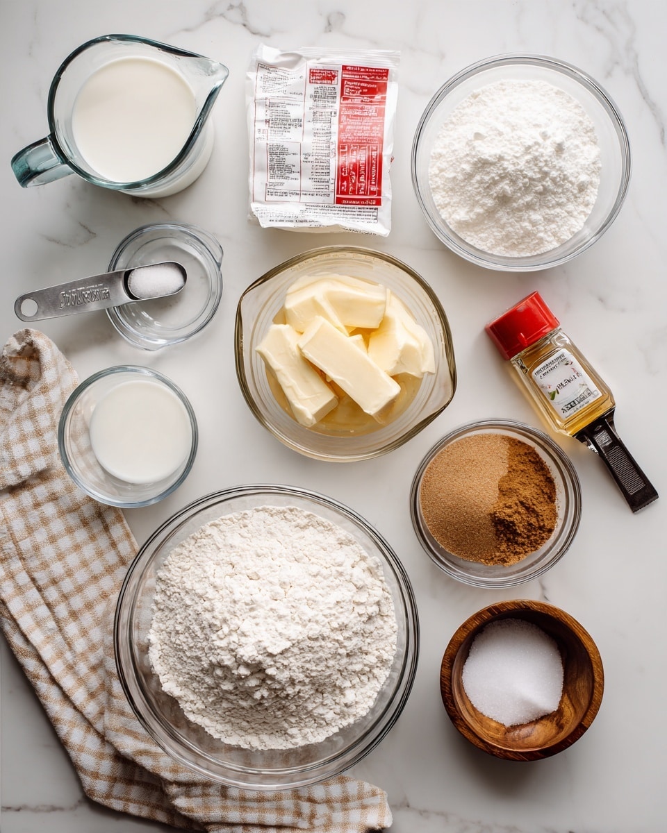 The image shows a flat lay of baking ingredients arranged neatly on a white marbled surface. At the bottom center, there is a large clear glass bowl filled with white flour. To the right of it, a medium clear bowl contains powdered sugar with a fluffy texture. Above these, a glass measuring cup holds melted golden butter. To the left of the butter is a measuring cup filled with light brown sugar, placed beside a small metal scoop containing white granulated sugar. Above the sugar scoop, there is a packet of dry yeast with red and white packaging. Near the top left corner, a clear measuring cup holds milk, and to its right, another measuring cup contains clear water. In the center right, there is a small wooden bowl filled with salt and a clear glass bowl with brown ground cinnamon next to a bottle of vanilla extract with a red cap. A beige and white checkered cloth is placed at the bottom left corner. All items are presented clearly and spaced evenly. Photo taken with an iphone --ar 4:5 --v 7