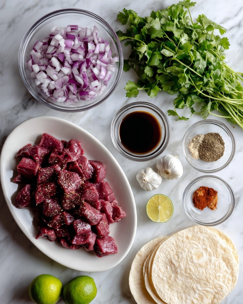 The image shows a white oval plate filled with small pieces of raw red meat seasoned with black pepper at the bottom left. Above it, there is a clear glass bowl with chopped purple and white onions. To the right side of the plate, a bunch of fresh green cilantro leaves rest on a white marbled surface. Next to the cilantro, there are three small clear glass bowls holding dark brown soy sauce, a mix of ground spices including red and brown powders, and light yellow oil. A few cloves of fresh garlic are near the bowls. At the bottom, there are four small round tortillas stacked on top of each other next to three whole green limes and one lime half. Photo taken with an iphone --ar 4:5 --v 7