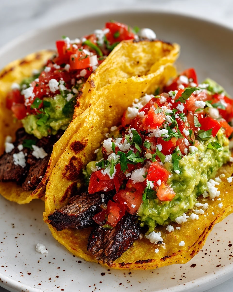 The image shows two tacos placed side by side on a shallow white plate with a speckled edge, set on a white marbled surface. Each taco uses a yellow, slightly charred corn tortilla folded in half, holding three main layers: the bottom layer of grilled brown pieces of meat with a dark peppery crust, the middle layer of chunky green guacamole mixed with small bits of red tomatoes, and the top layer of fresh red diced tomatoes, white onions, and chopped green cilantro sprinkled with white crumbly cheese. The vibrant colors and textures stand out clearly with the close-up view, showing the contrast between the soft guacamole, juicy tomatoes, and charred meat. photo taken with an iphone --ar 4:5 --v 7