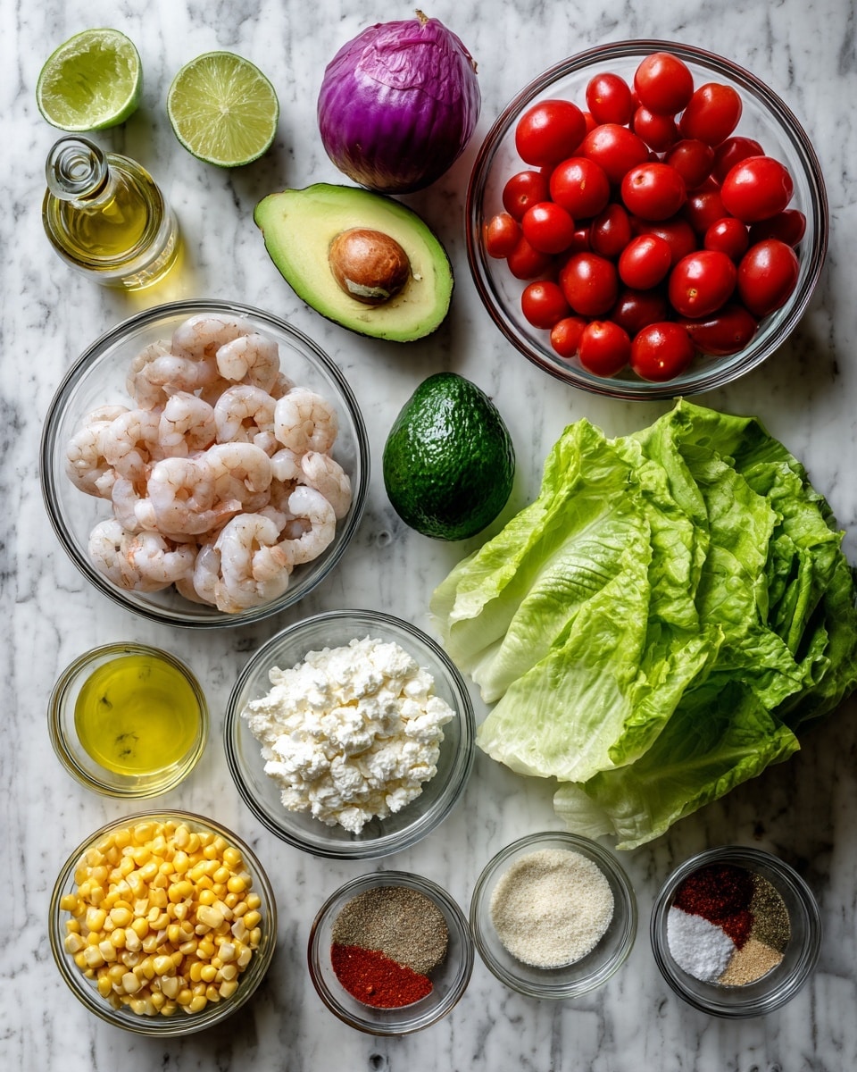 The image shows a neat arrangement of fresh food ingredients on a white marbled surface. There is a glass bowl filled with raw shrimp, sitting on the lower left side. Above it, two small cucumbers and a whole purple onion are placed in a row. A whole avocado and a green lime are placed near the shrimp bowl. To the right, a glass bowl is filled with bright red cherry tomatoes. Further right, a large bunch of green lettuce leaves takes up space. In the center are several small clear bowls containing yellow corn, white sour cream, white crumbled cheese, a light yellow liquid, and two bowls with different powder spices – one has white and brown powder, the other has more colorful spices in red and brown shades. A small glass bottle with light olive oil is on the upper left side. All the items are brightly colored with fresh textures. Photo taken with an iphone --ar 4:5 --v 7