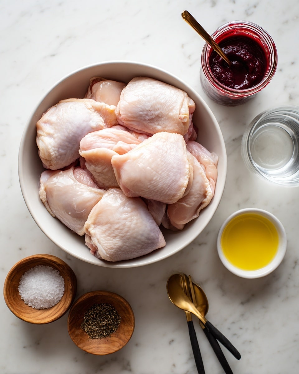 A white bowl in the center filled with eight raw chicken thighs arranged close to each other, showing their smooth, pale pink skin with some light gloss. To the right of the bowl, there is a jar of dark red barbecue sauce with a black and gold spoon inside it and below that, a small white bowl with yellow olive oil. To the left side of the chicken bowl, there are three small wooden bowls arranged in a vertical line: the top one holds coarse white salt, the middle one has ground black pepper, and the bottom one is empty but next to it is a small clear glass with water. All items are placed on a white marbled surface. photo taken with an iphone --ar 4:5 --v 7