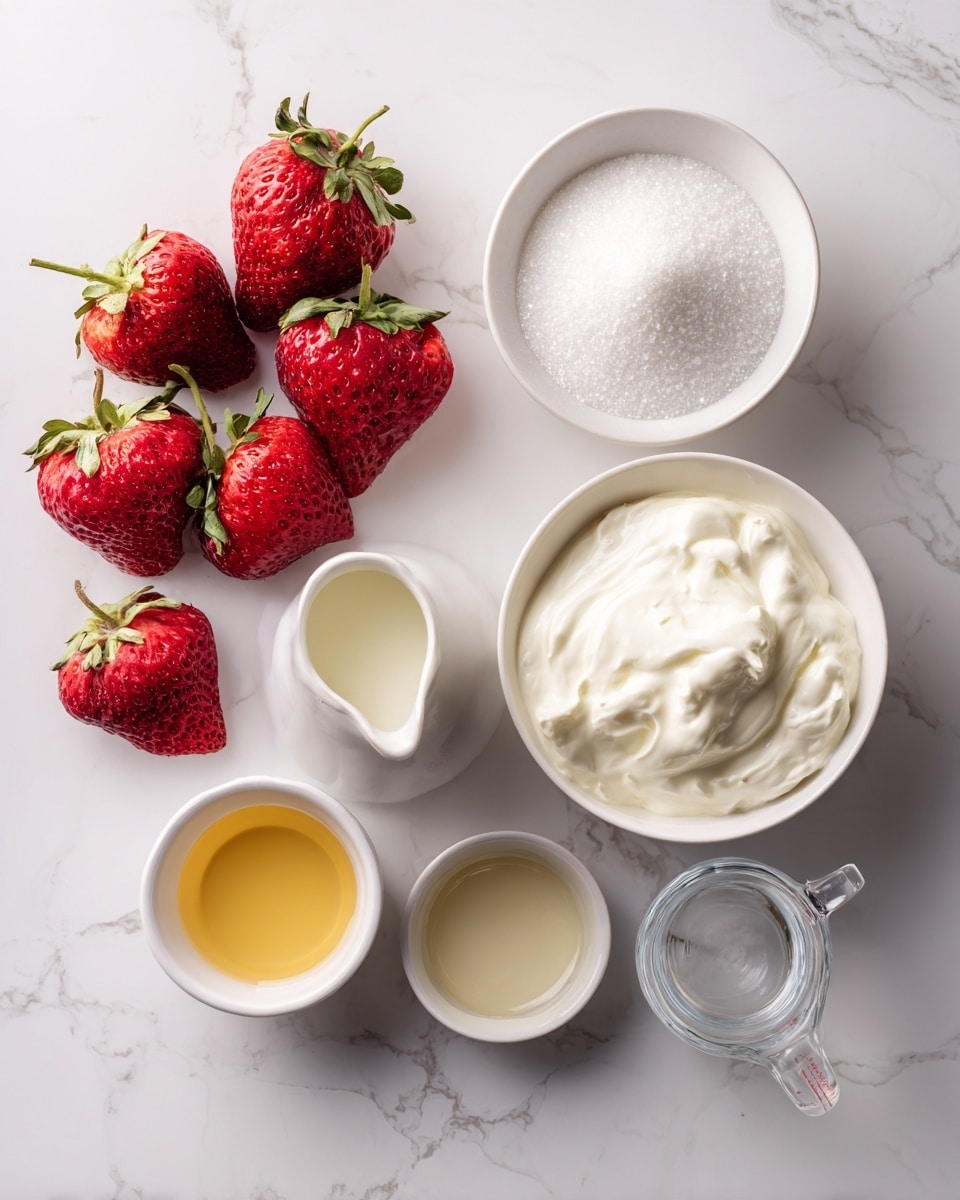 The image shows a white marbled surface with six ripe, red strawberries on the left. On the right side, there is a white bowl filled with white granulated sugar at the top, and below it is a white bowl filled with thick, creamy white yogurt. Next to the sugar bowl on the right is a small white pitcher with a pale yellow liquid. Below the yogurt are three small white bowls: one with a golden liquid, one with a white powder, and a clear glass measuring cup filled with white milk. The arrangement is neat and evenly spaced. photo taken with an iphone --ar 4:5 --v 7