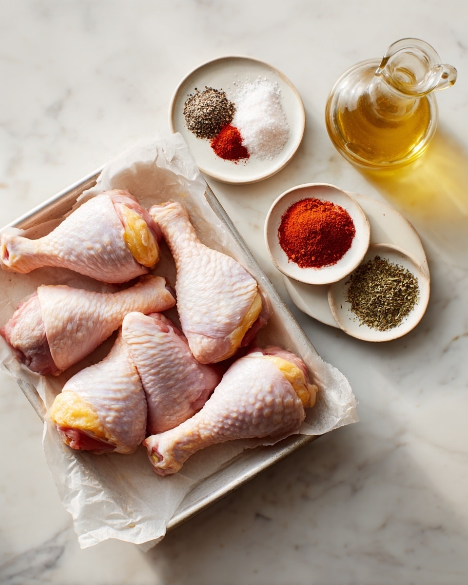 A white metal baking tray holds several raw chicken drumsticks with pale pink skin and a bit of yellow fat, arranged loosely on parchment paper. To the side, a round white ceramic plate displays seven different spices, each in small piles: black pepper, granulated garlic, white salt, bright red paprika, orange-red chili powder, dried green herbs, and another reddish-brown spice. Near the top right, there is a clear glass bottle filled with light golden oil. The items all sit on a white marbled surface with a soft natural light brightening the scene. photo taken with an iphone --ar 4:5 --v 7