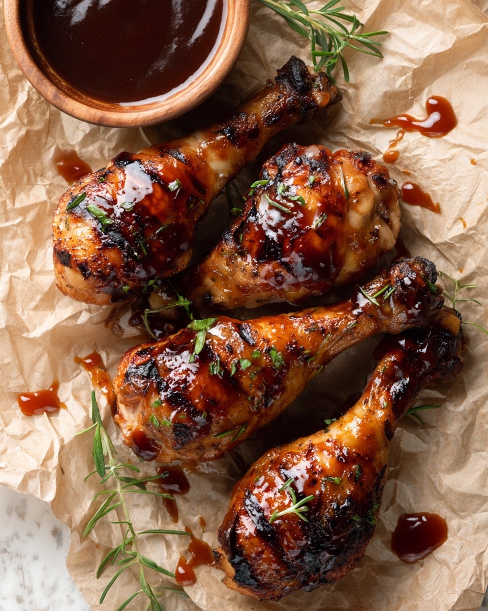 The image shows three grilled chicken drumsticks with a shiny dark brown glaze, placed directly on crumpled beige parchment paper. The drumsticks have a slightly charred texture on the skin, showing some darker spots and grill marks. Nearby, there is some barbecue sauce dripped on the parchment and a bowl with dark brown sauce at the top left corner, partly visible. The background features a white marbled texture. photo taken with an iphone --ar 4:5 --v 7