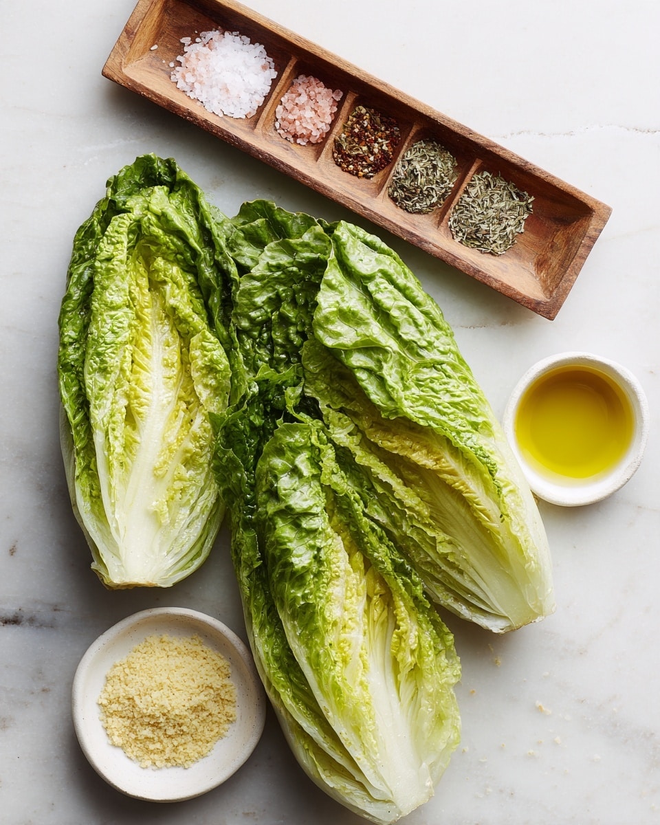 The image shows two halves of fresh, green romaine lettuce with visible texture and leafy layers, placed on a white marbled surface. Above the lettuce halves is a small rectangular wooden dish containing six different spices arranged in neat horizontal rows, each with a distinct color and texture from pink salt to brown and green herbs. Below the wooden dish, there is a small white bowl filled with light yellow breadcrumbs, and next to it, another small white bowl holds golden olive oil. The light and colors are natural, emphasizing the freshness and variety of the ingredients. Photo taken with an iphone --ar 4:5 --v 7