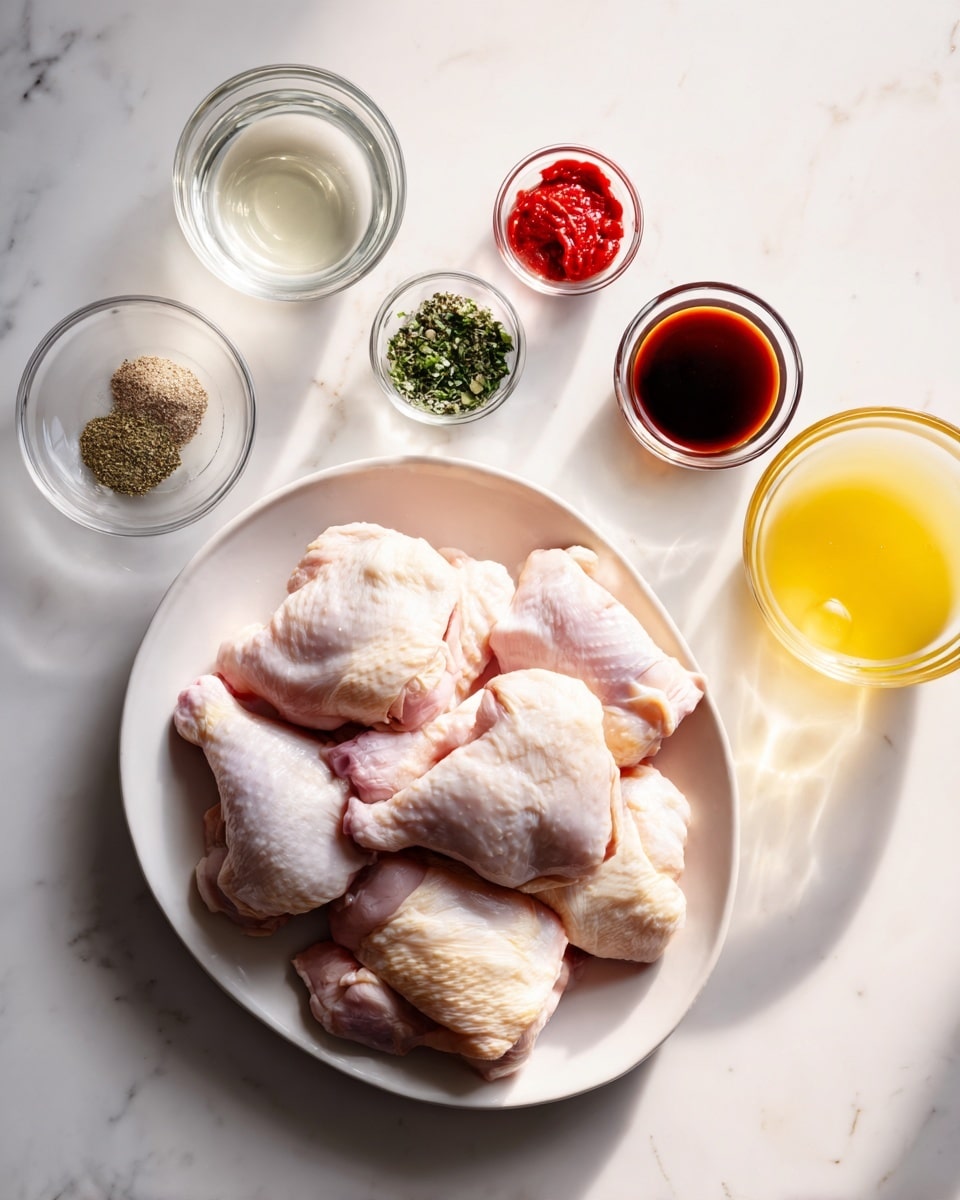 An oval white plate in the lower left holds several pieces of raw chicken thigh with skin, pale pink and slightly shiny. Surrounding the plate on a white marbled surface are small round bowls arranged in a semi-circle: clear liquid in a glass bowl top left, a light green dried herb in a tiny bowl, ground black pepper in another tiny bowl, minced garlic in a small clear bowl, bright red sauce in a small clear bowl, finely chopped green herbs in a bigger clear bowl, a dark soy sauce in a medium clear bowl, bright yellow butter melted in a medium clear bowl, and golden honey in a small glass bowl. The layout is neat and clean with bright natural light. photo taken with an iphone --ar 4:5 --v 7