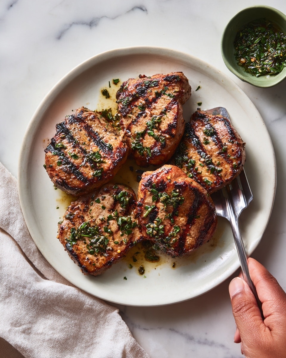 A white round plate holds five grilled meat pieces with a brown and slightly charred surface, showing grill marks and specks of green herbs sprinkled over them. A silver spatula with a woman's hand holding it is positioned on the right side of the plate. In the upper right corner, a small green bowl with chopped herbs sits next to the plate on a white marbled surface with a light-colored cloth partly visible. The meat pieces appear juicy and textured with a golden brown color on the edges. Photo taken with an iphone --ar 4:5 --v 7