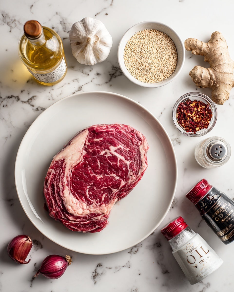 A thick raw steak with marbled red meat and white fat layers sits centered on a white plate. Around the plate on a white marbled surface are two bulbs of garlic, a small bowl filled with light-colored sesame seeds, a clear jar with red chili flakes, a white bottle labeled
