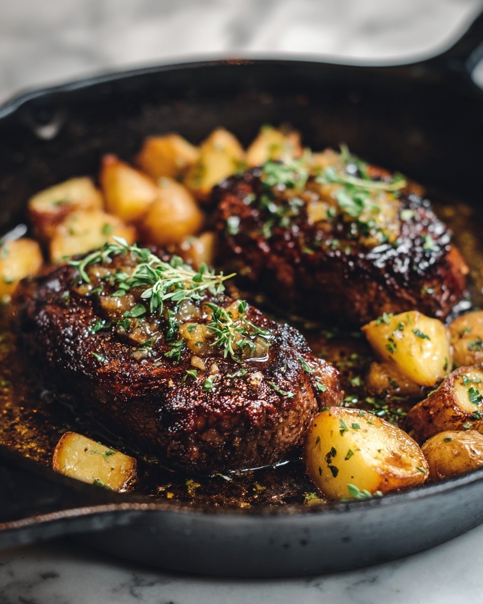 The image shows a black cast iron pan on a white marbled surface filled with two cooked steak pieces side by side, each topped with small green herb leaves and a glossy butter sauce, giving a shiny texture. There are golden roasted potato chunks scattered beside the steaks, showing a crispy outside and soft texture inside with some green herbs on top. The pan has a slight sheen from the cooking juices collecting around the food. The scene is closely focused on the food to highlight the rich brown colors of the steak crust and the warm yellow and brown tones of the potatoes, with small green herbs scattered for contrast photo taken with an iphone --ar 4:5 --v 7