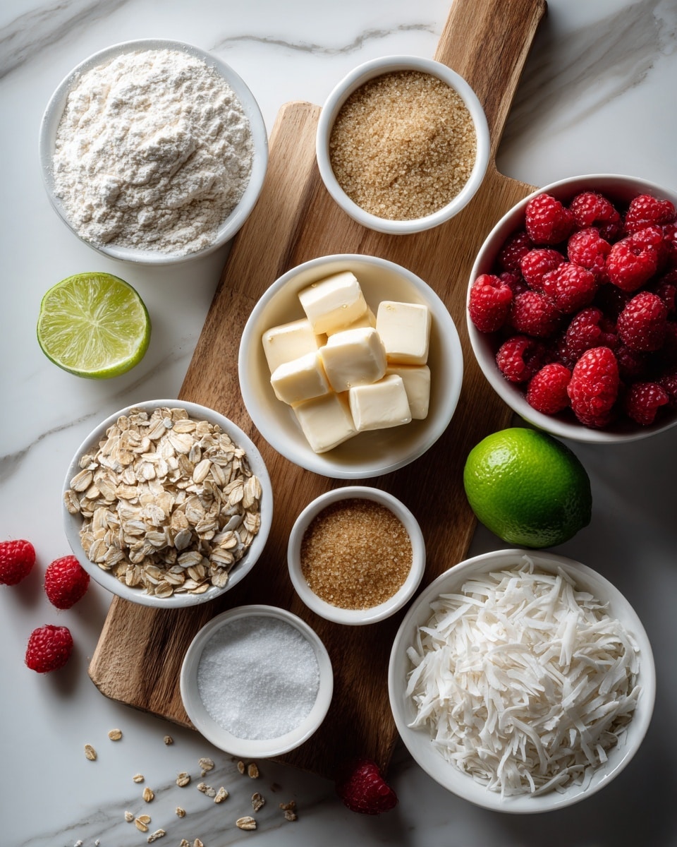 The image shows several small white bowls and a white wooden board on a white marbled surface. The white wooden board holds a bowl of white flour near the top left, a bowl of small pale yellow cubes of butter in the center, a bowl of light brown sugar to the right, and a tiny bowl with white powder near the bottom center. Around the board, there is a large white bowl filled with red raspberries at the top right, a small bowl with white sugar near it, a small bowl with green lime zest, an uncut green lime, a bowl with light brown rolled oats, and another bowl with shredded white coconut. A few loose raspberries are scattered near the bowls. The colors are bright with red, green, white, light brown, and light yellow details. The photo taken with an iphone --ar 4:5 --v 7