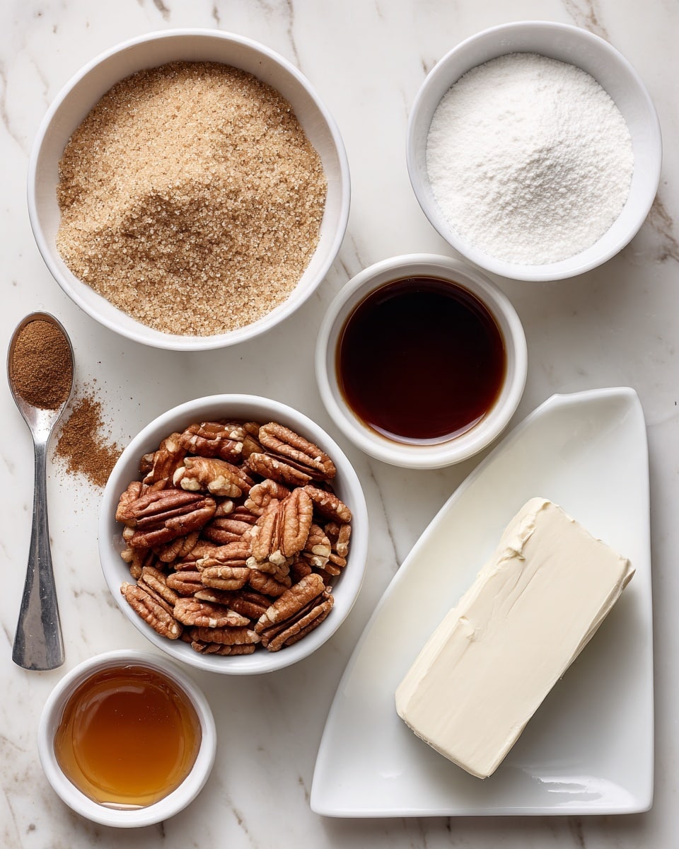 The image shows six ingredients neatly arranged on a white marbled surface. On the top left, there is a white bowl filled with light brown sugar that looks soft and crumbly. To the right, a white bowl of fine white powder, likely powdered sugar, is next to a white bowl filled with a dark brown, glossy liquid, possibly syrup. Below, in the center, there is a white bowl packed with medium brown pecan nuts showing their textured shells. On the bottom left, a small white bowl contains thick light brown honey or syrup. On the bottom right, a white rectangular plate holds a smooth, soft block of cream cheese or butter. A silver measuring spoon with a small amount of brown spice, possibly cinnamon, is placed near the top left. The photo taken with an iphone --ar 4:5 --v 7