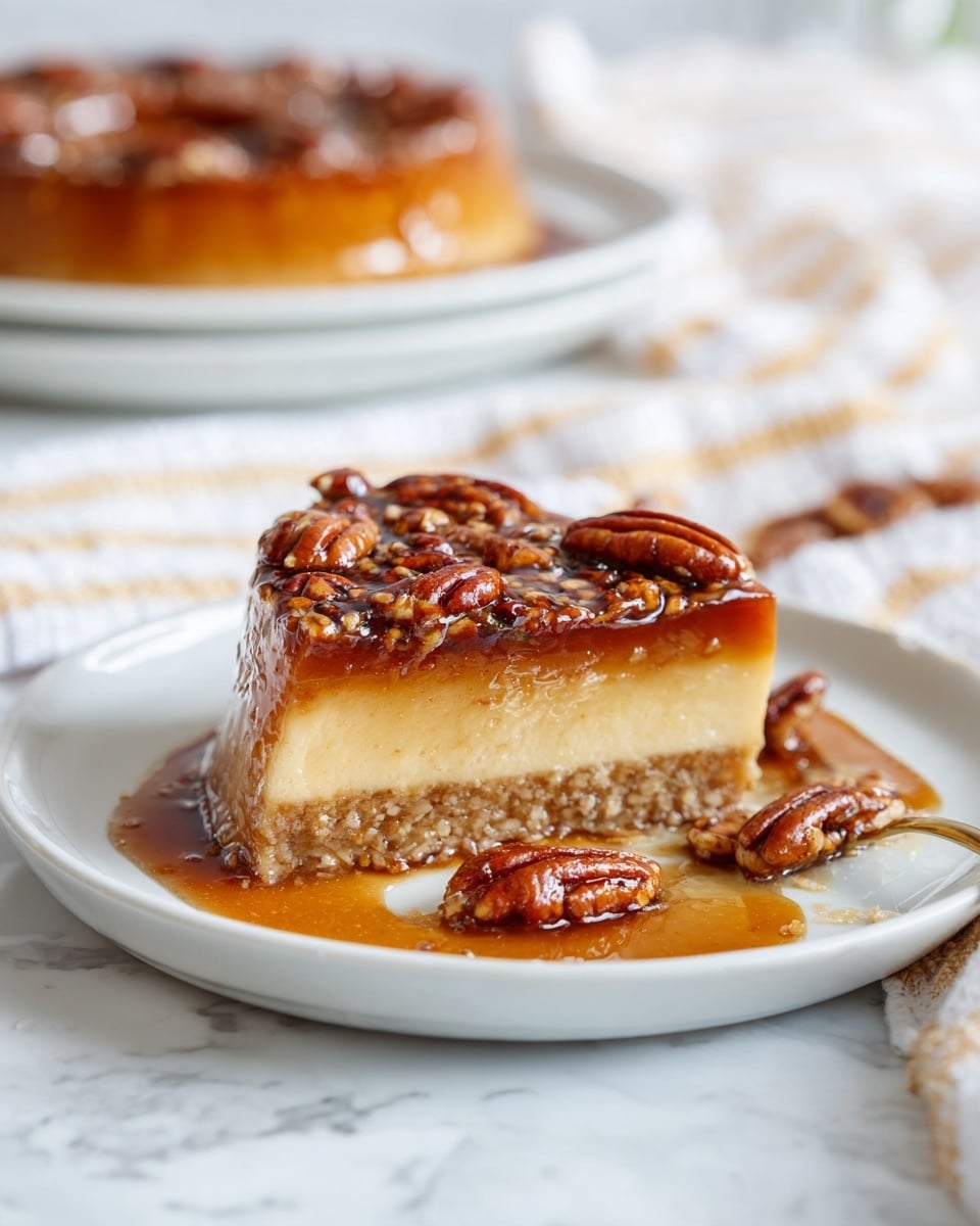 The image shows a close-up of a round white plate with a single serving of a sticky pecan dessert. The dish has three visible layers: the top layer is glossy with whole and halved pecans in a rich caramel-brown color, the middle layer is a soft, slightly crumbly light tan-brown batter, and the bottom layer is darker and sticky, holding the dessert together. The plate rests on a white marbled surface, with another similar plate blurred in the background and a white cloth with pale yellow stripes partially visible beside it. A few pecans are scattered near the front edge of the plate. photo taken with an iphone --ar 4:5 --v 7