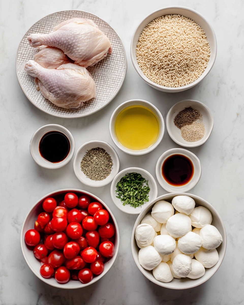The image shows several small white bowls arranged on a white marbled surface, each filled with different ingredients. In the top left, two raw pale pink chicken pieces lie on a white plate with a textured pattern. To the right, a small white bowl holds light beige dry orzo pasta. Next to it, a small bowl with a clear yellow liquid sits between two small white bowls—one with mixed dried herbs and another with two light tan powders. Below, a larger white bowl is filled with halved bright red cherry tomatoes. A bowl below the pasta contains round white slices of fresh mozzarella arranged neatly. Other small bowls hold a clear light yellow oil, dark brown soy sauce, black vinegar, and a mix of salt and black pepper. A small bowl of chopped green herbs is placed near the powders. The setup is clean and bright, ingredients neatly placed for preparation. Photo taken with an iphone --ar 4:5 --v 7