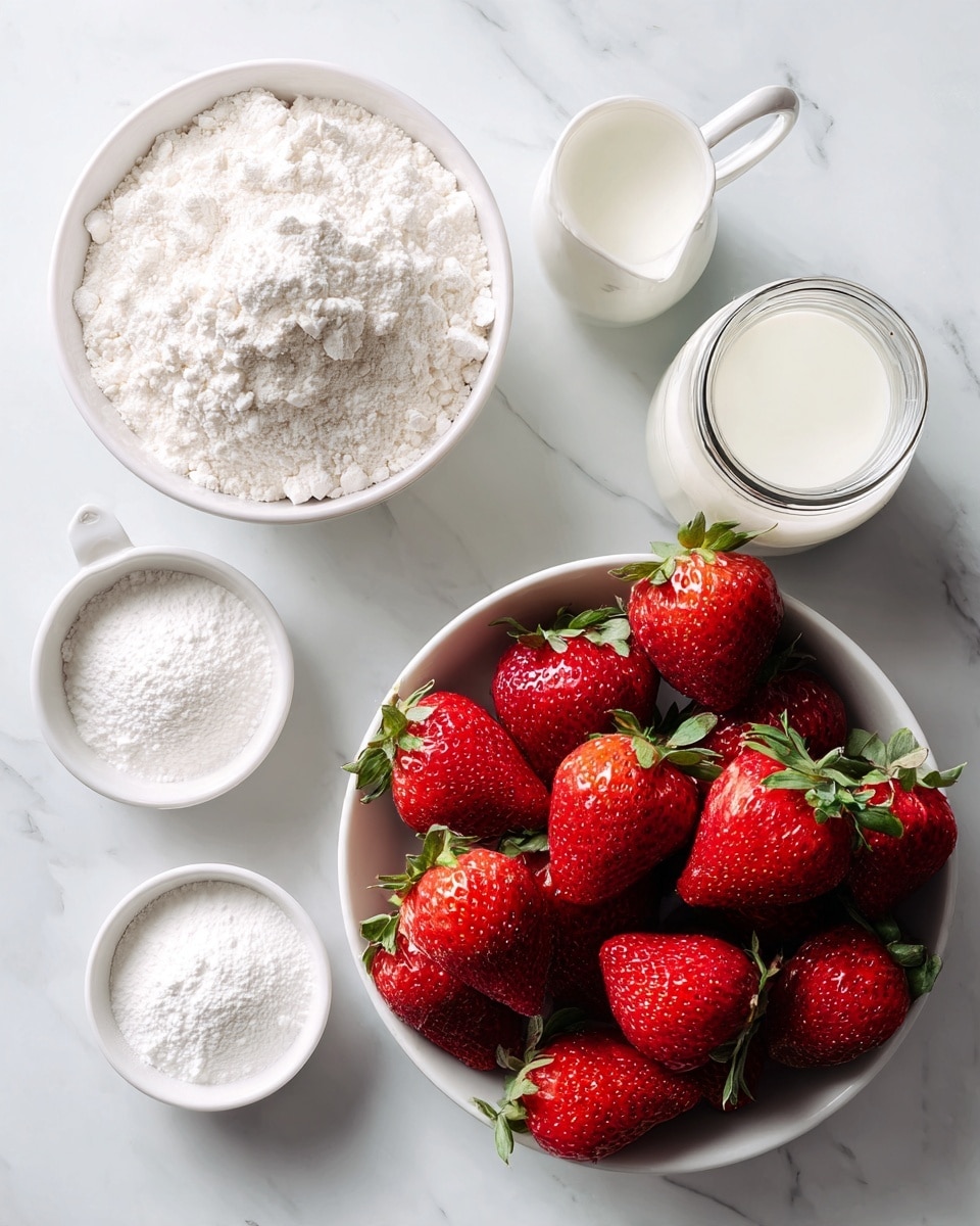 A white bowl filled with fresh, red strawberries with green tops takes the lower part of the image. To the upper left, there's a white bowl with flour, its texture soft and powdery, filling the bowl almost to the brim. Near the top center, a clear glass jar filled with white milk sits next to a small white measuring cup containing a white liquid, likely cream. Around the bottom left corner, four small white bowls show various white powders and powders with slight texture differences. Everything is placed on a white marbled surface, creating a clean and bright setting. Photo taken with an iphone --ar 4:5 --v 7