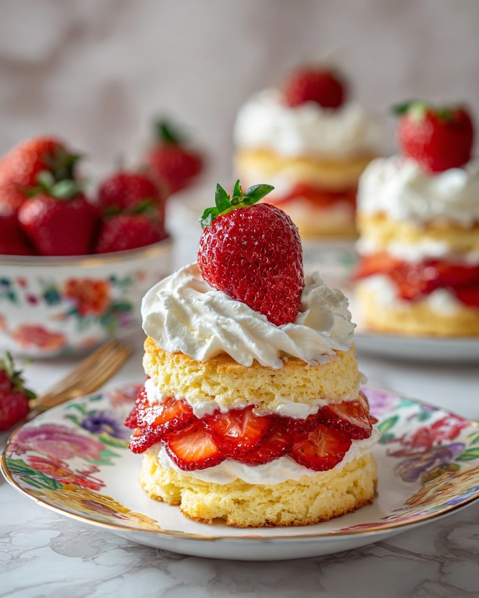 This image shows a three-layer strawberry shortcake stacked on a white plate with a colorful floral pattern. The bottom layer is a golden-baked biscuit with a light rough texture. On top of it is a thick layer of white whipped cream mixed with bright red sliced strawberries arranged around the edge. The middle is another biscuit layer, followed by another thick layer of whipped cream and more sliced strawberries. The top has a large dollop of whipped cream crowned with a whole, ripe strawberry standing upright. The background features a white marbled texture with soft focus on more shortcakes and a bowl of fresh strawberries. Photo taken with an iphone --ar 4:5 --v 7